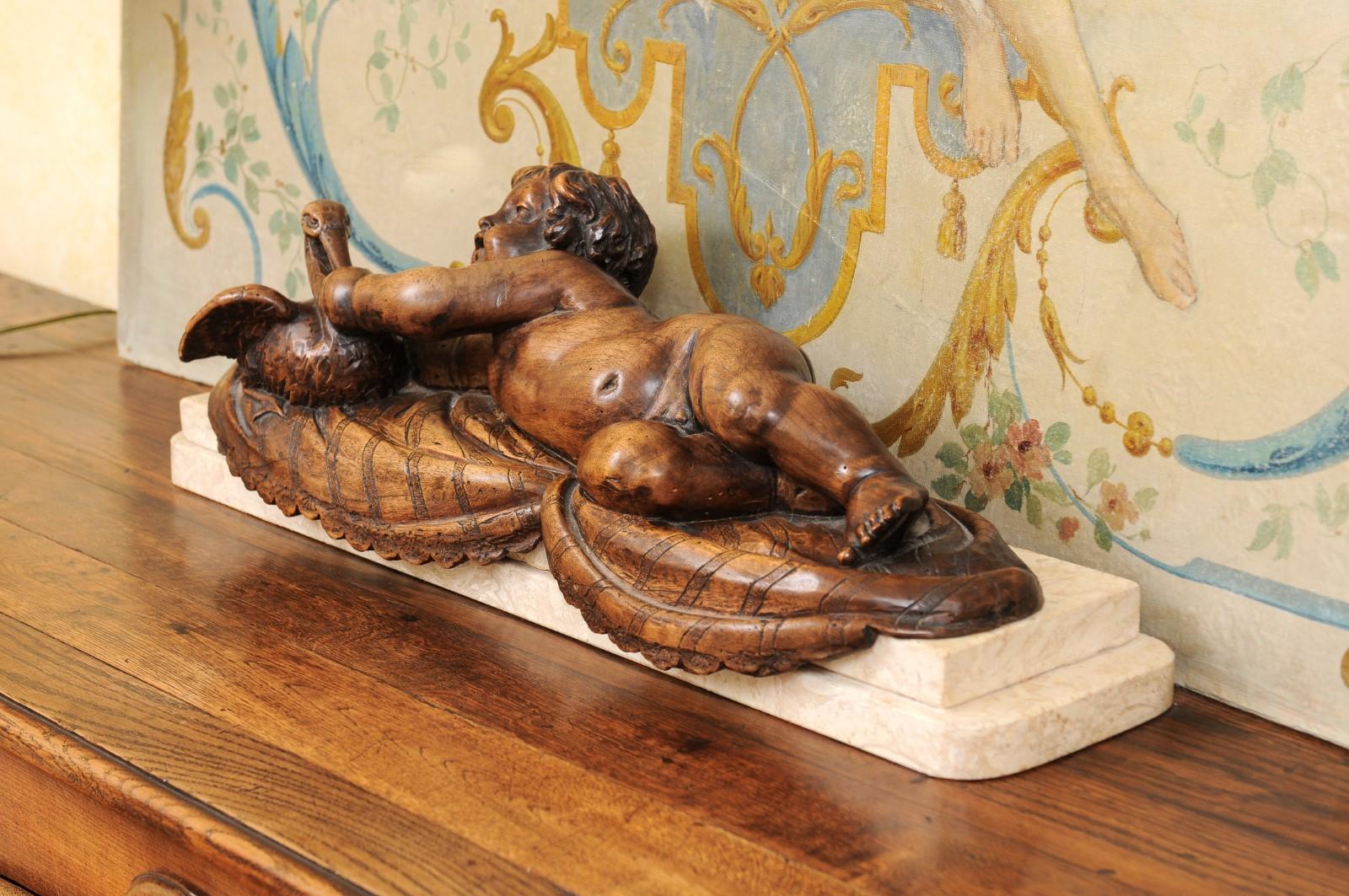 19th Century French 1880s Carved Walnut Putto Feeding a Swan Sculpted Group on Marble Base For Sale