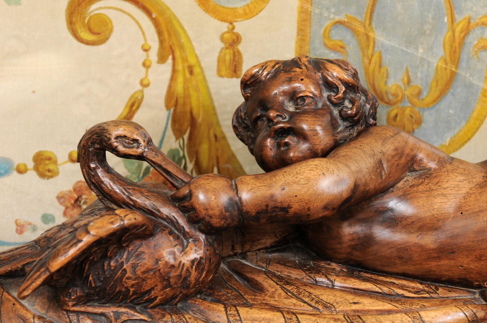 French 1880s Carved Walnut Putto Feeding a Swan Sculpted Group on Marble Base For Sale 1