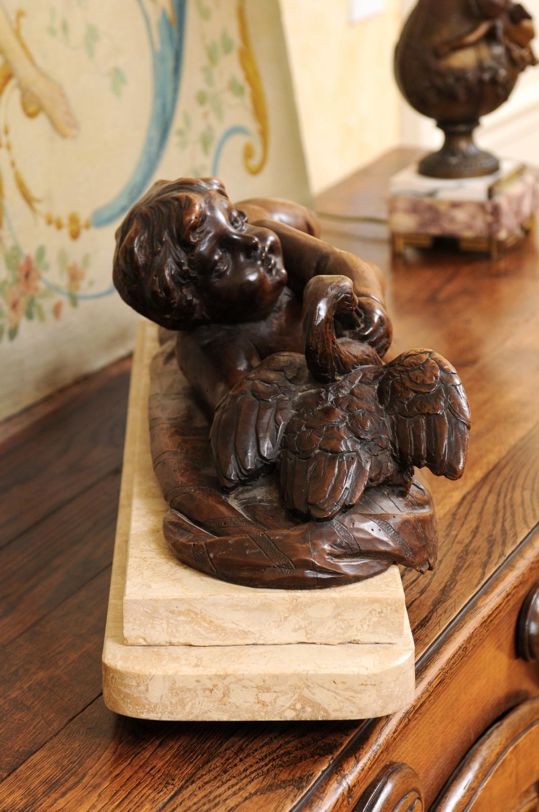 French 1880s Carved Walnut Putto Feeding a Swan Sculpted Group on Marble Base For Sale 2