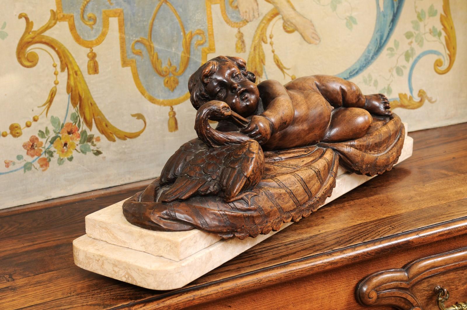 French 1880s Carved Walnut Putto Feeding a Swan Sculpted Group on Marble Base For Sale 3