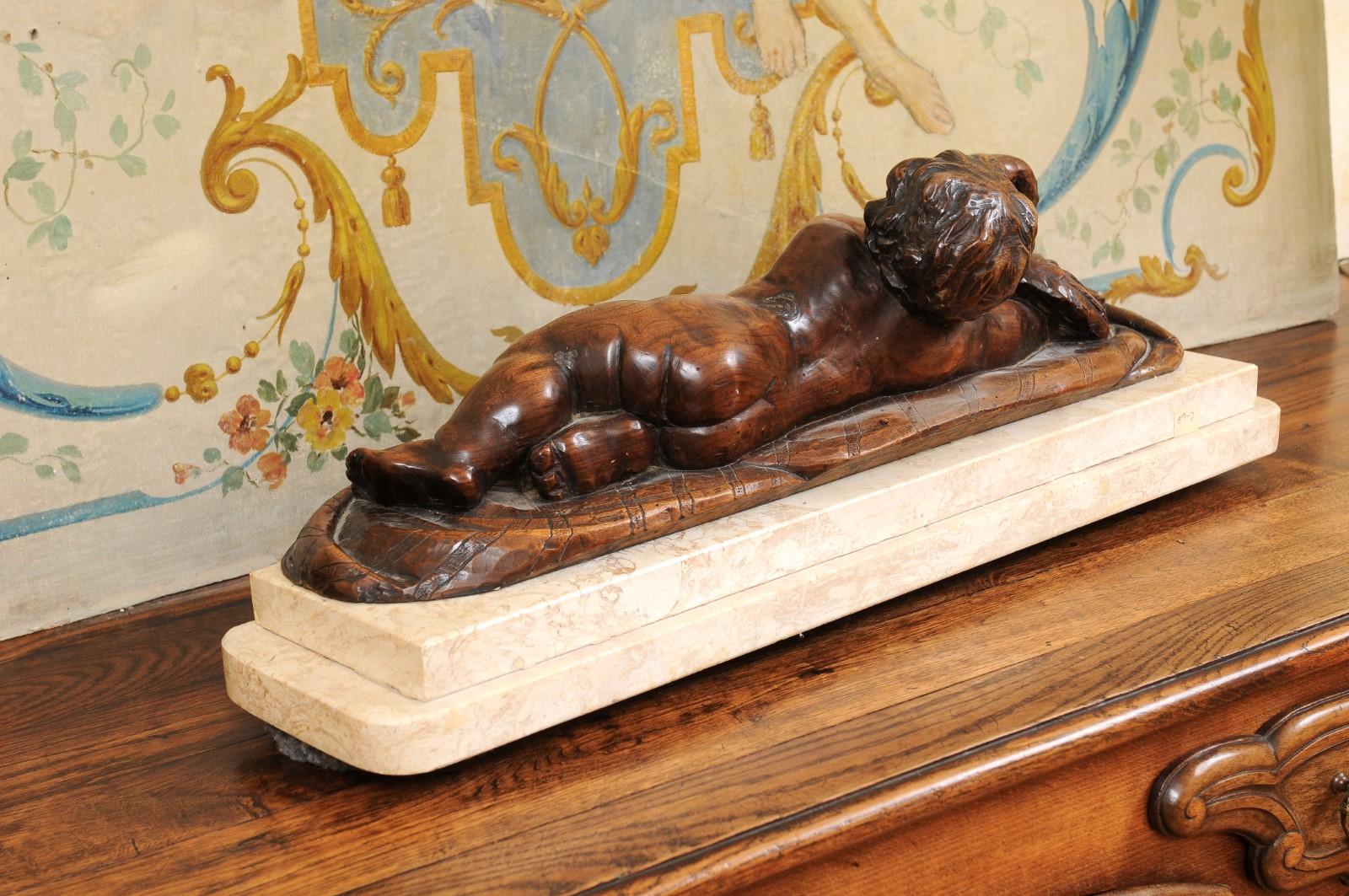 French 1880s Carved Walnut Putto Feeding a Swan Sculpted Group on Marble Base For Sale 4