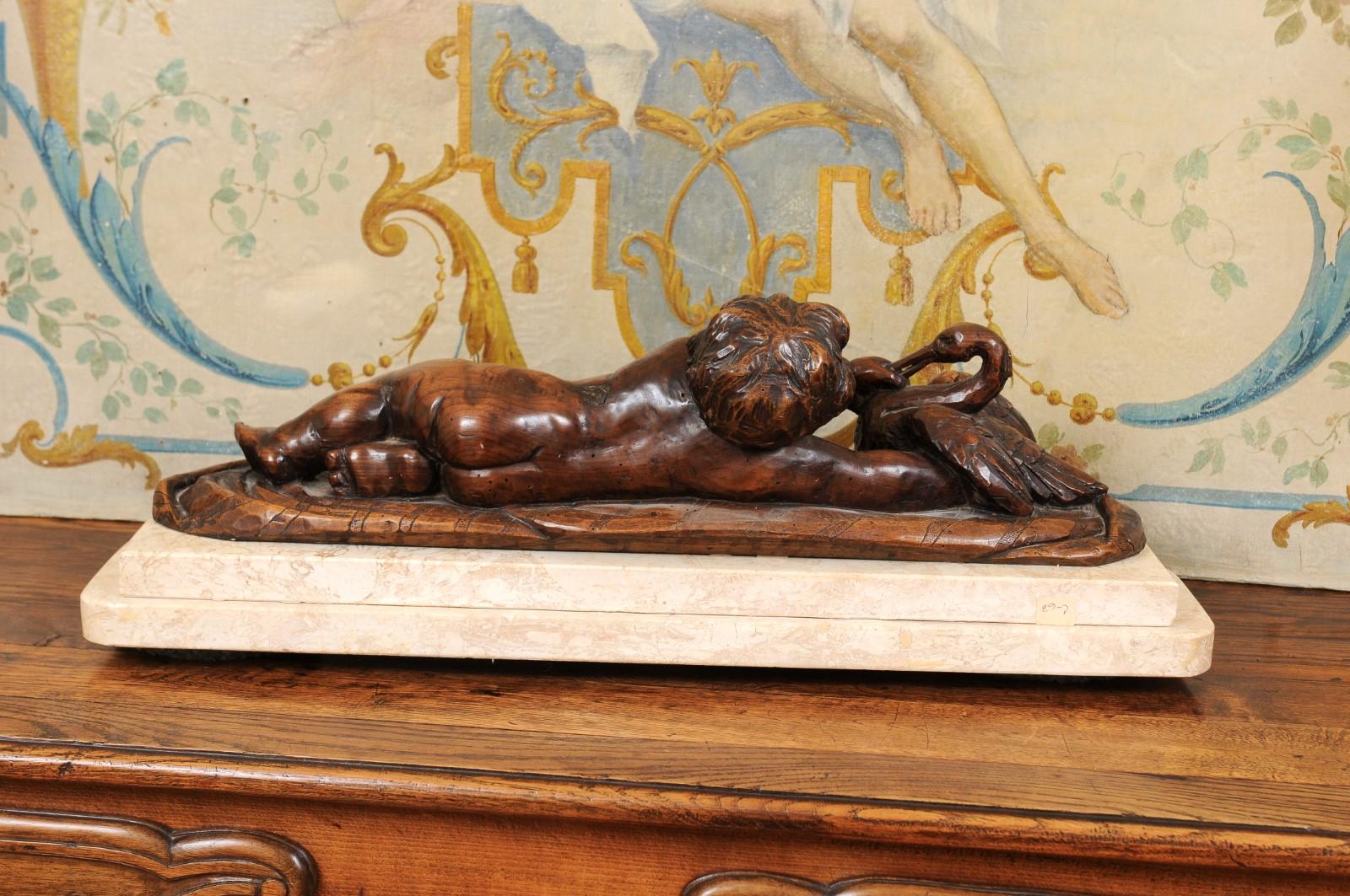 French 1880s Carved Walnut Putto Feeding a Swan Sculpted Group on Marble Base For Sale 5