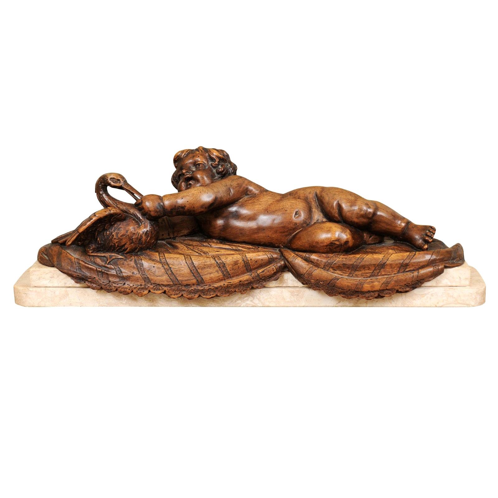 French 1880s Carved Walnut Putto Feeding a Swan Sculpted Group on Marble Base