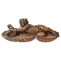 French 1880s Carved Walnut Putto Feeding a Swan Sculpted Group on Marble Base
