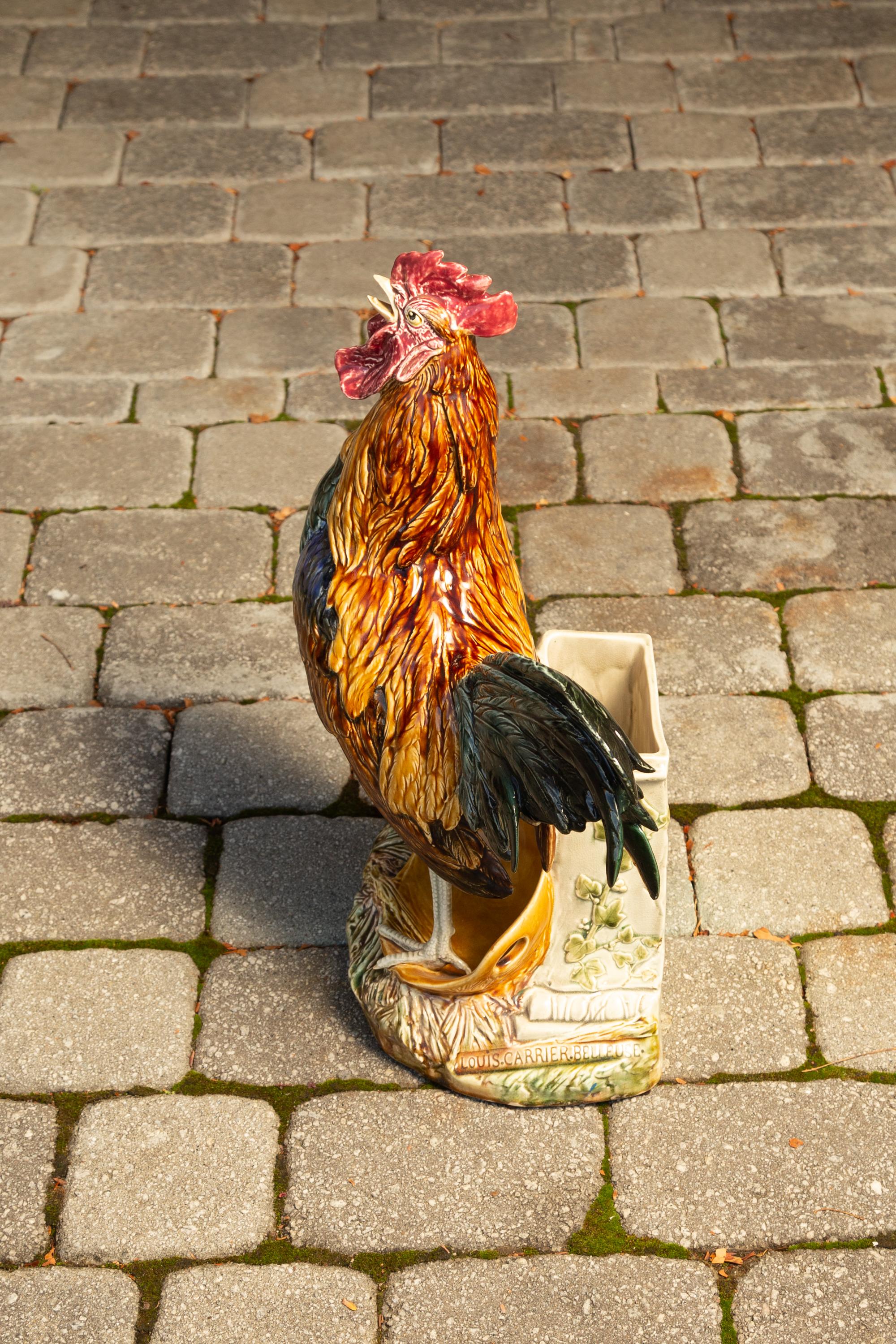 Glazed French 1880s Choisy-le-Roi Majolica Rooster Signed Louis-Robert Carrier-Belleuse