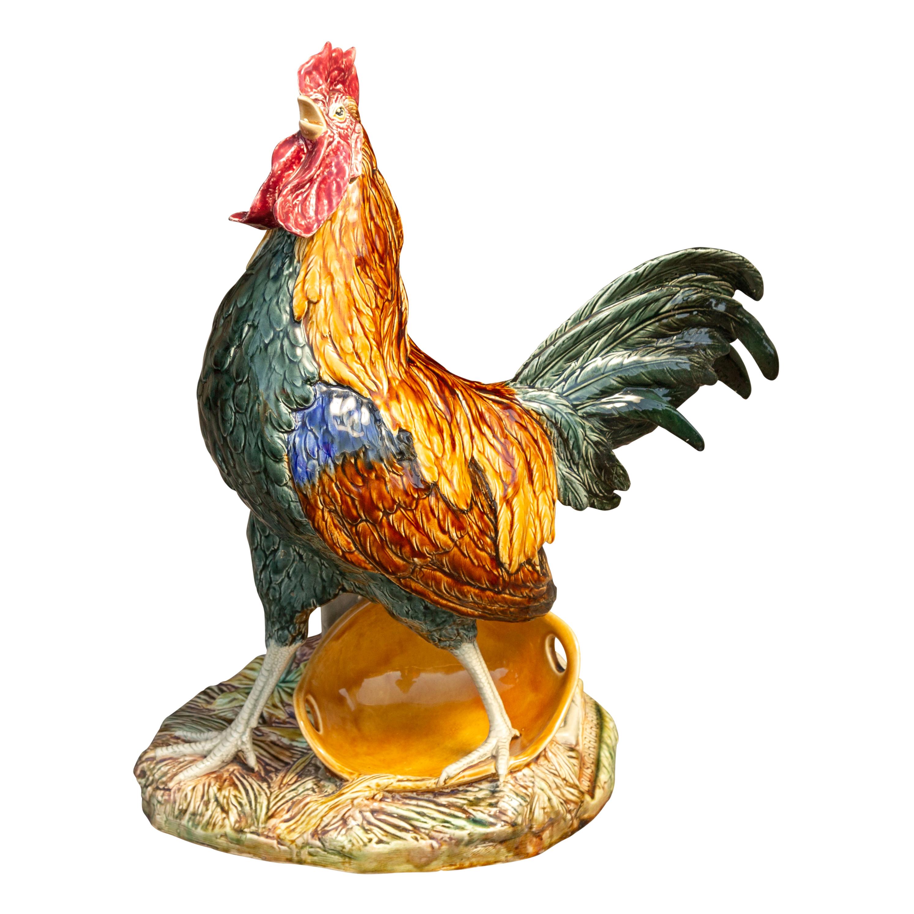 French 1880s Choisy-le-Roi Majolica Rooster Signed Louis-Robert Carrier-Belleuse