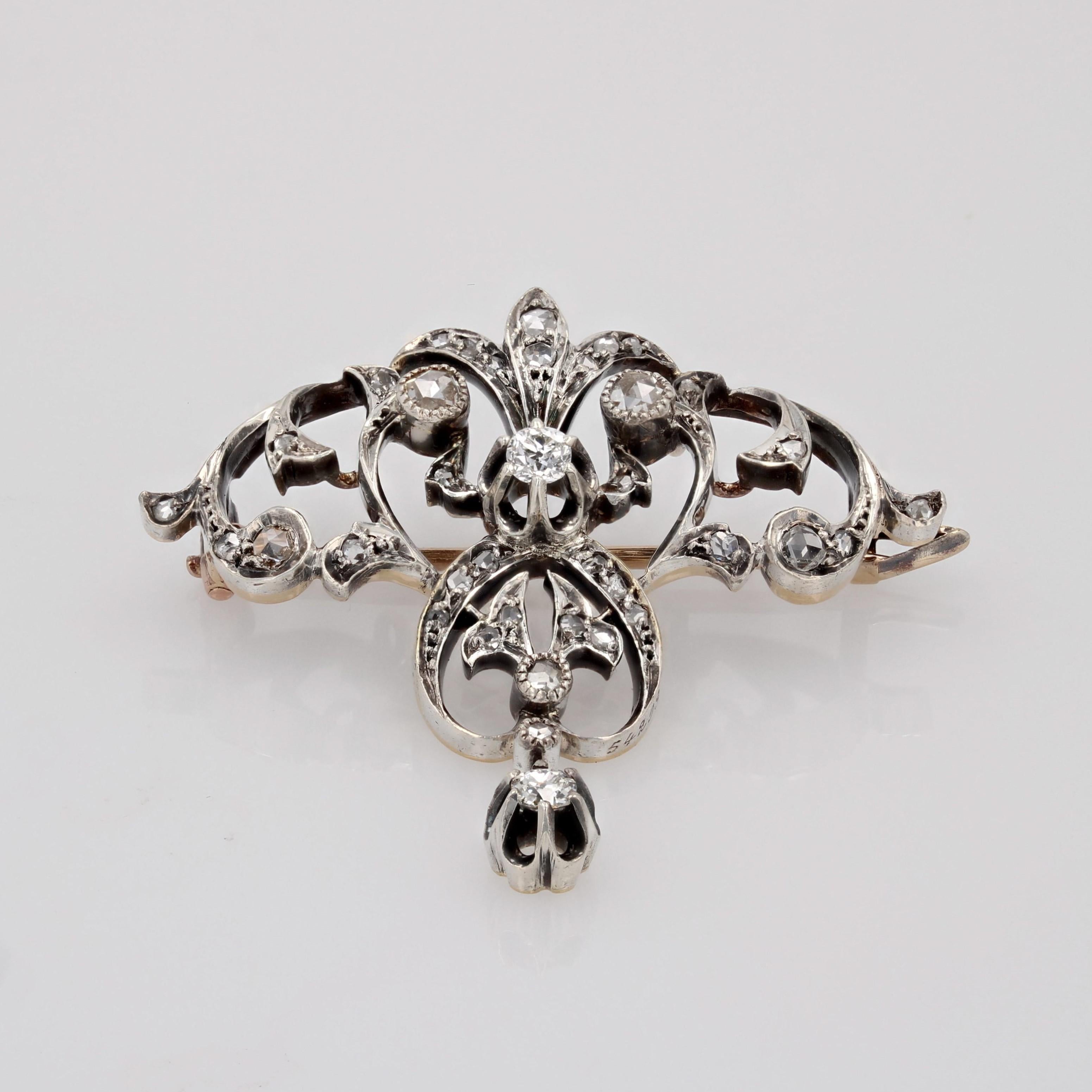 French 1880s Diamonds 18 Karat Rose Yellow Gold Silver Brooch Pendant For Sale 5