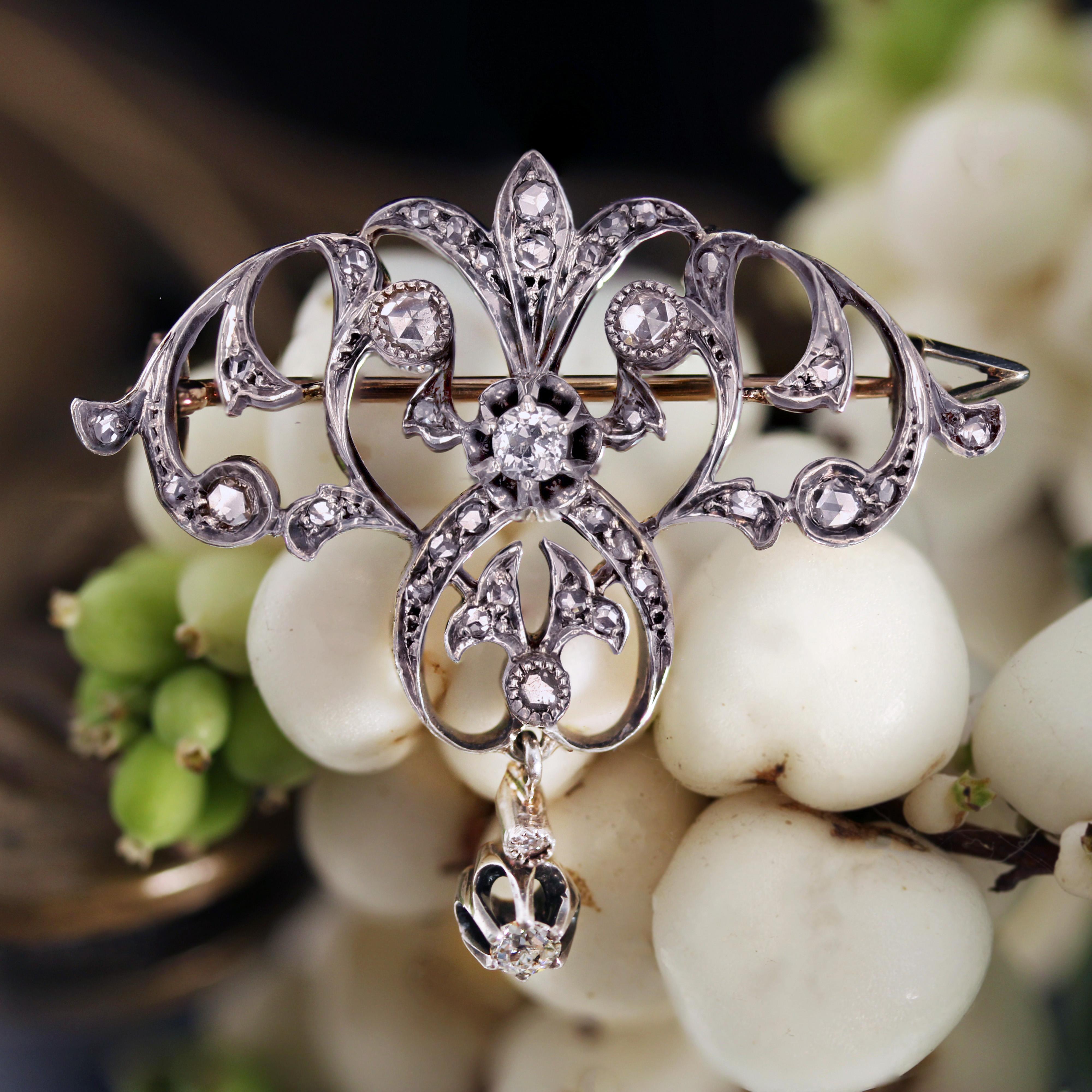 Napoleon III French 1880s Diamonds 18 Karat Rose Yellow Gold Silver Brooch Pendant For Sale