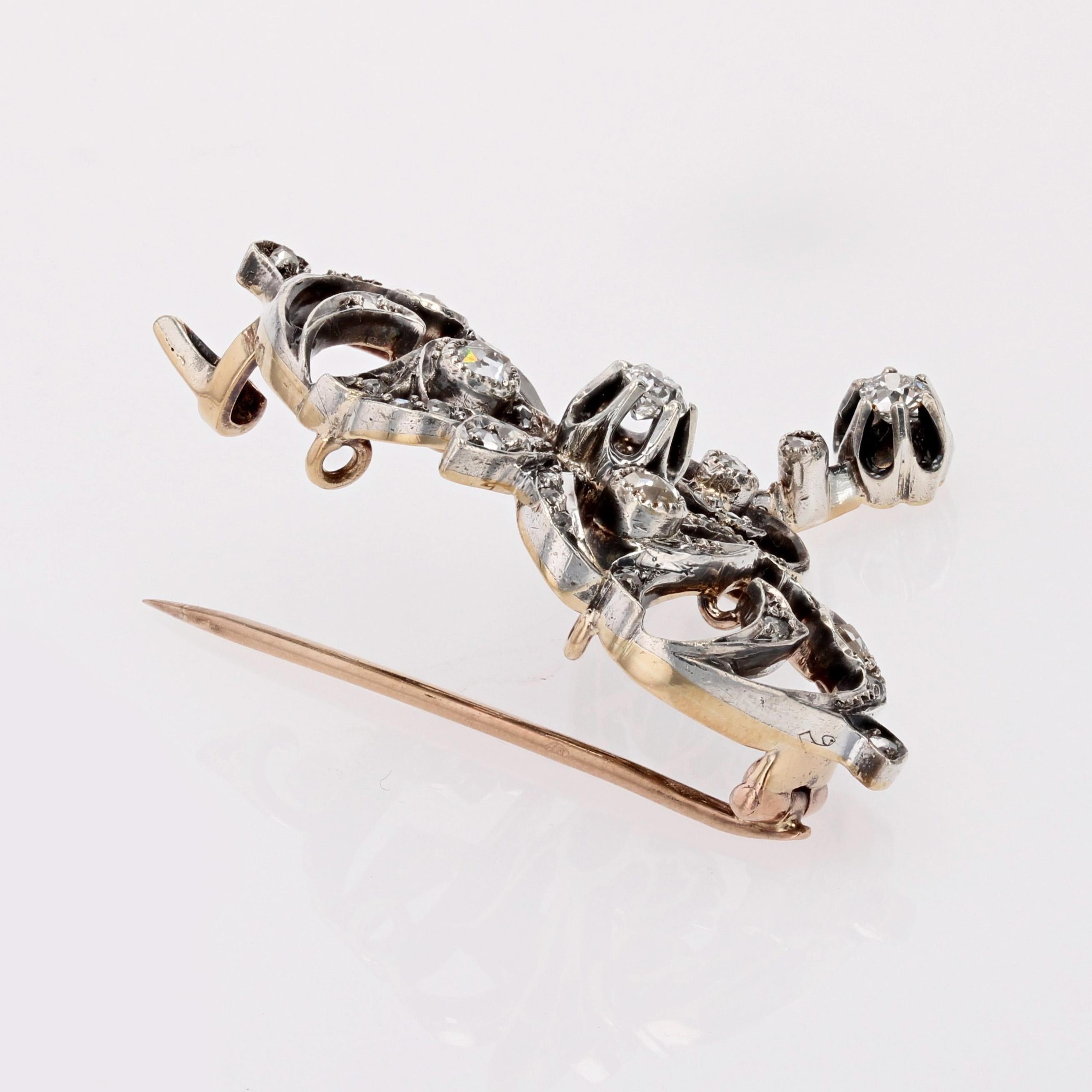 French 1880s Diamonds 18 Karat Rose Yellow Gold Silver Brooch Pendant For Sale 2