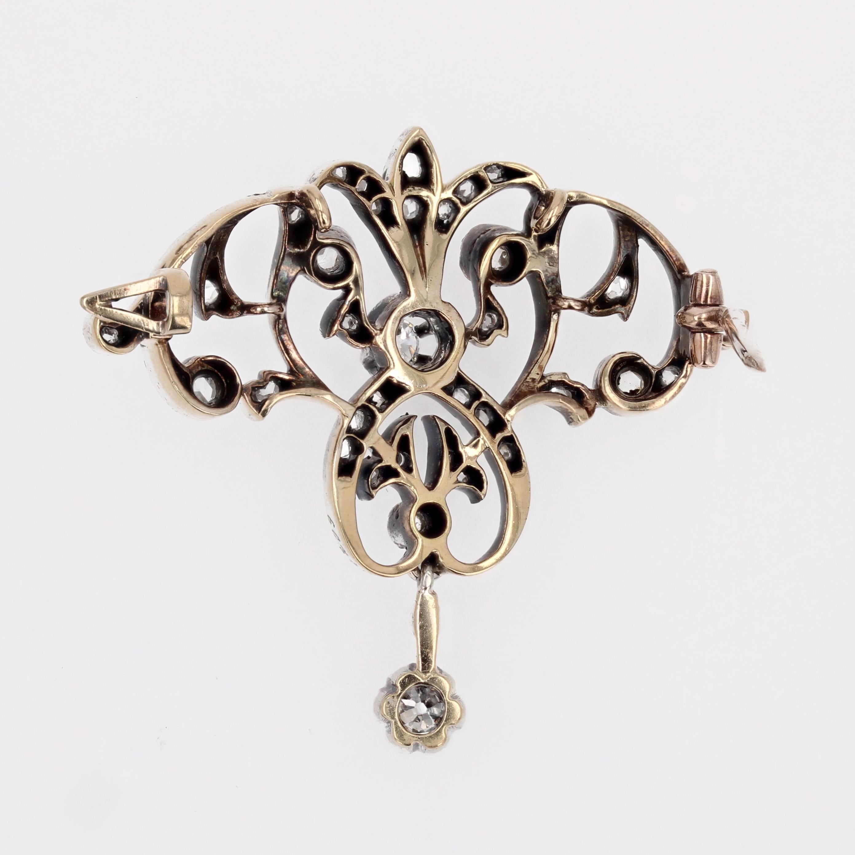 French 1880s Diamonds 18 Karat Rose Yellow Gold Silver Brooch Pendant For Sale 3