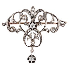 Colgante Broche Francés 1880s Diamantes 18 Kilates Oro Amarillo Rosa Plata