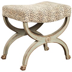 French 1880s Empire Style Painted Curule Stool with Printed Fabric and Paw Feet