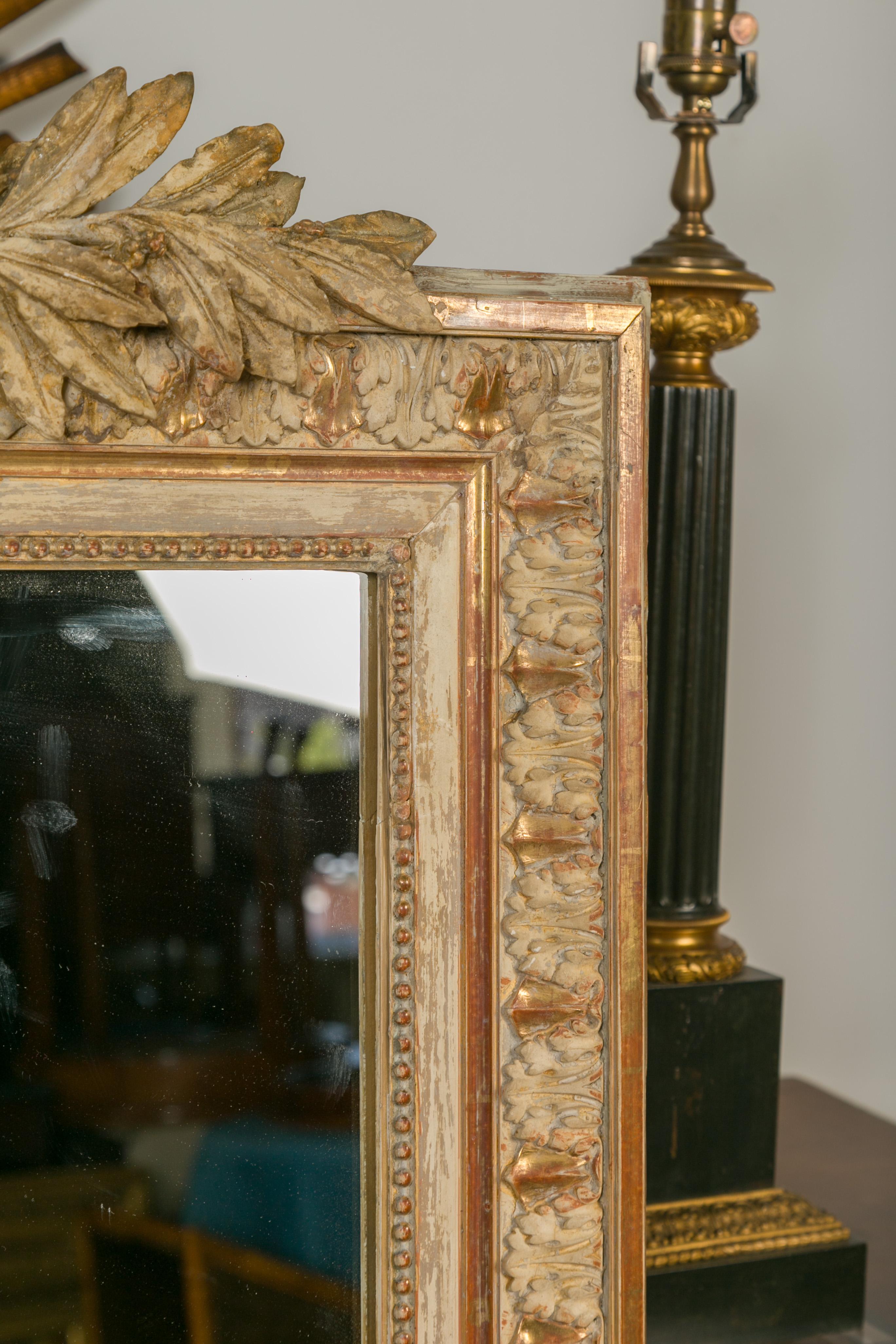 French 1880s Gilt and Painted Mirror with Carved Floral Wreath, Torch and Quiver 5