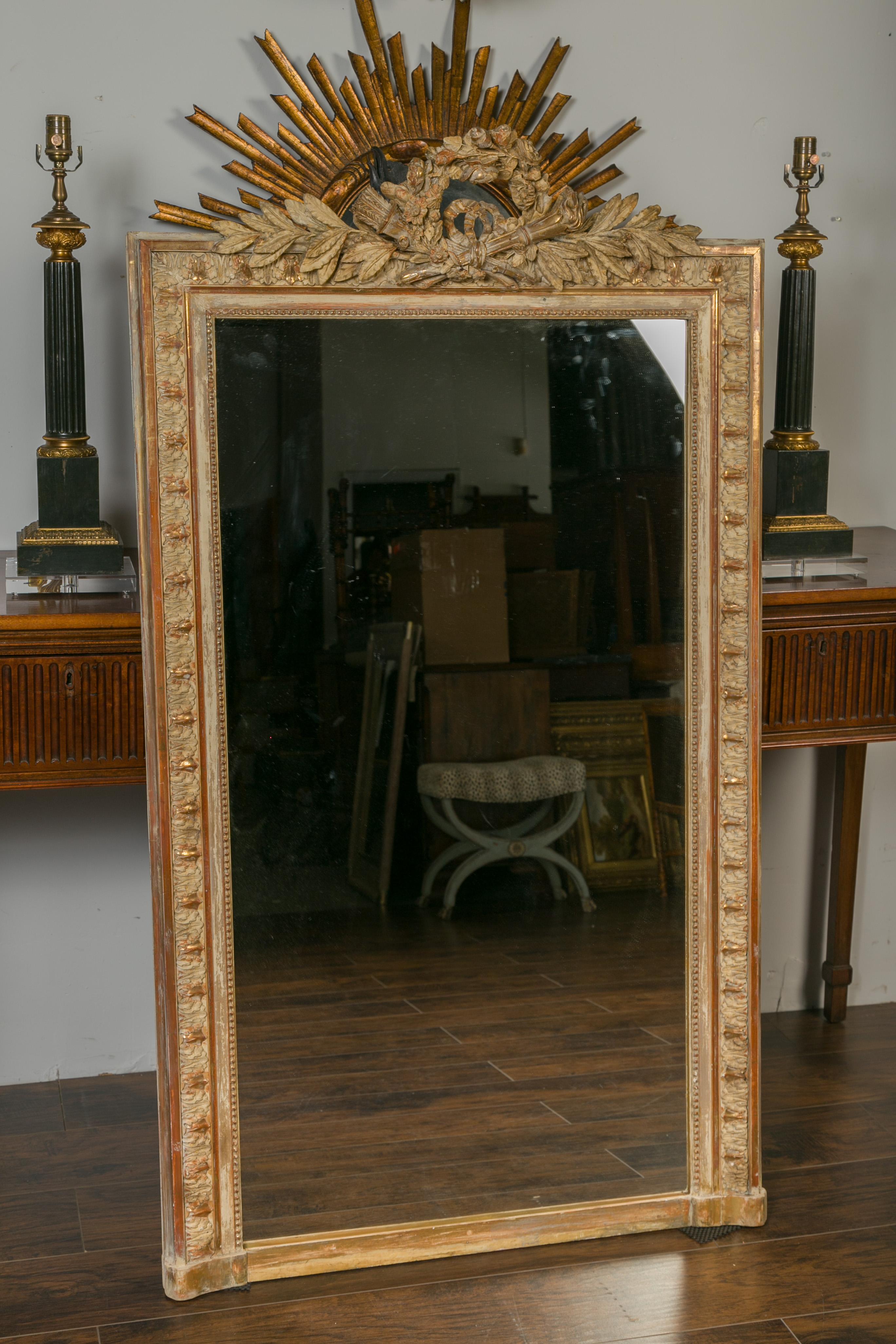 French 1880s Gilt and Painted Mirror with Carved Floral Wreath, Torch and Quiver 8