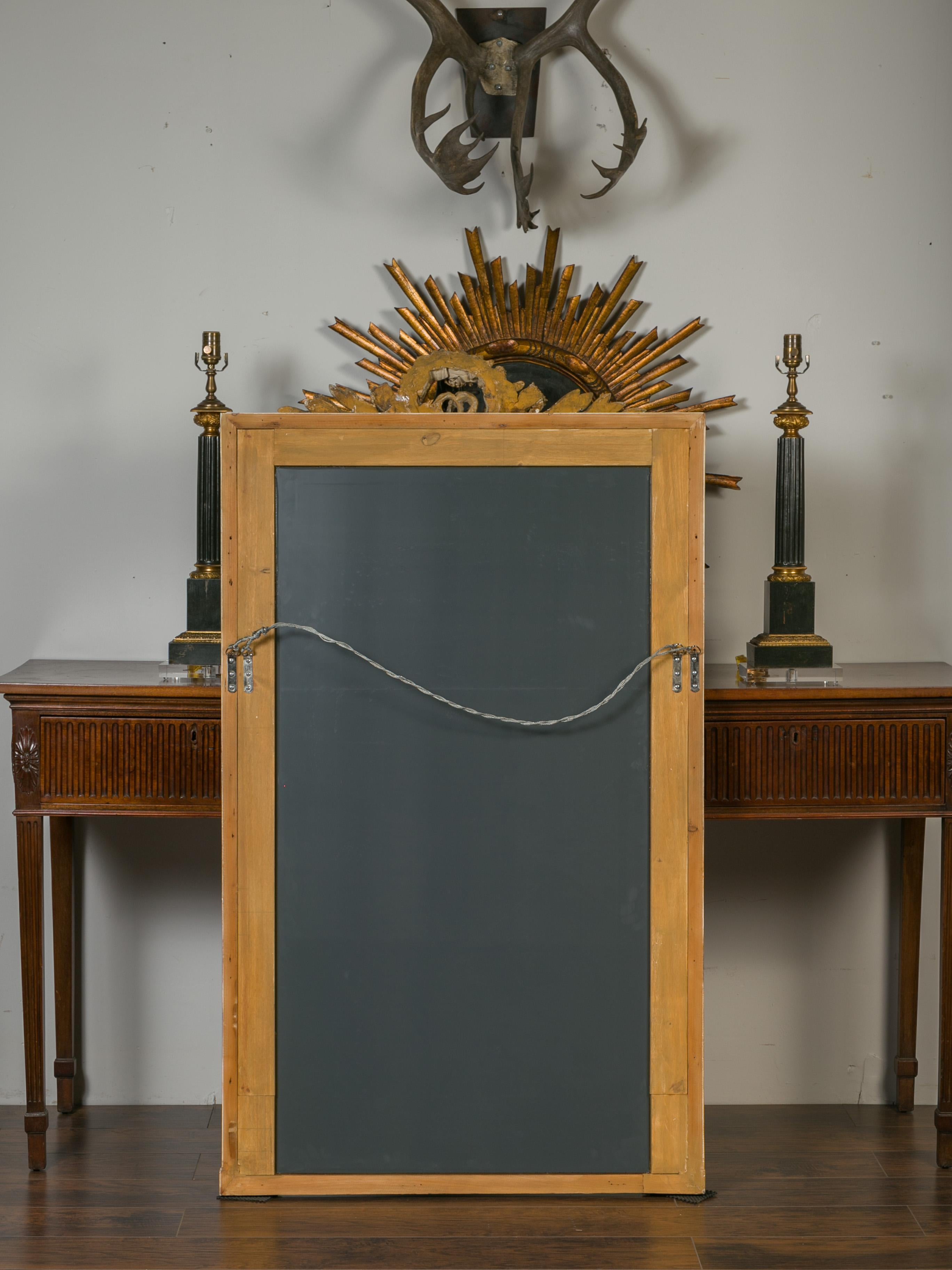 French 1880s Gilt and Painted Mirror with Carved Floral Wreath, Torch and Quiver 14