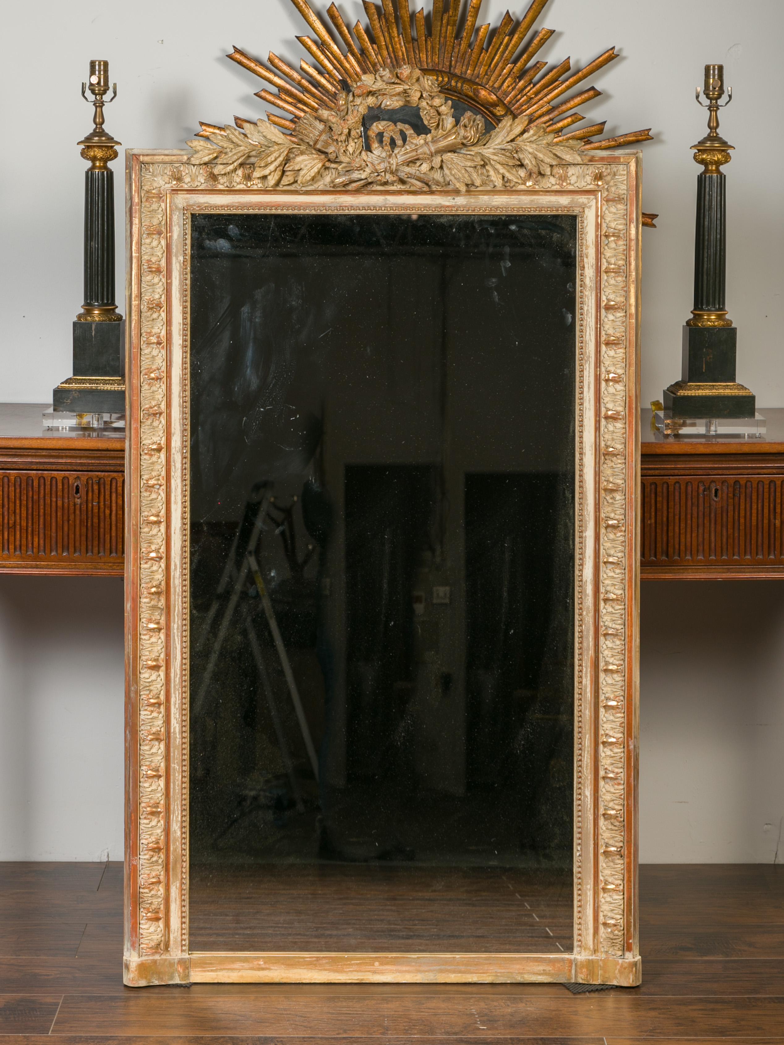 French 1880s Gilt and Painted Mirror with Carved Floral Wreath, Torch and Quiver In Good Condition In Atlanta, GA