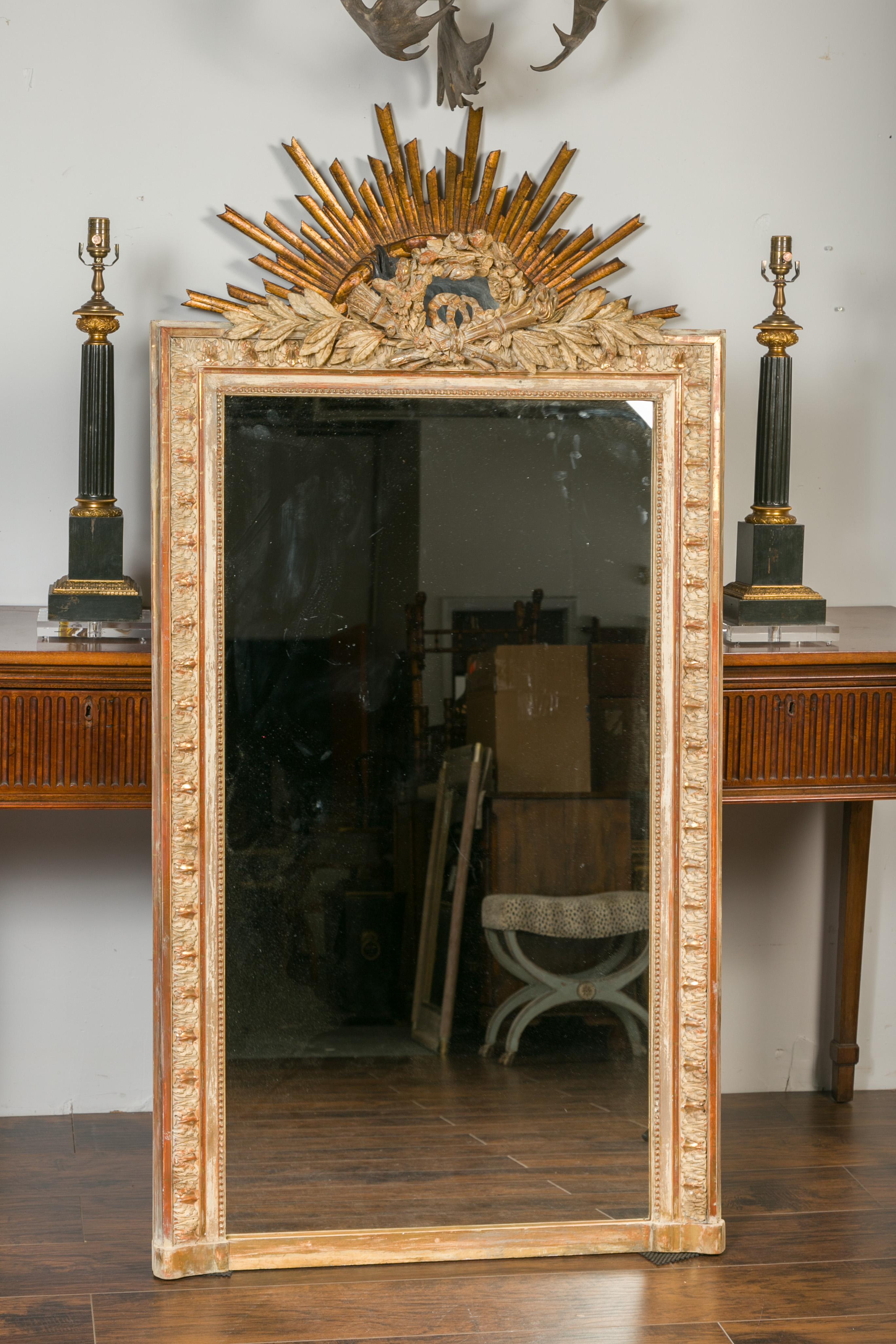 19th Century French 1880s Gilt and Painted Mirror with Carved Floral Wreath, Torch and Quiver