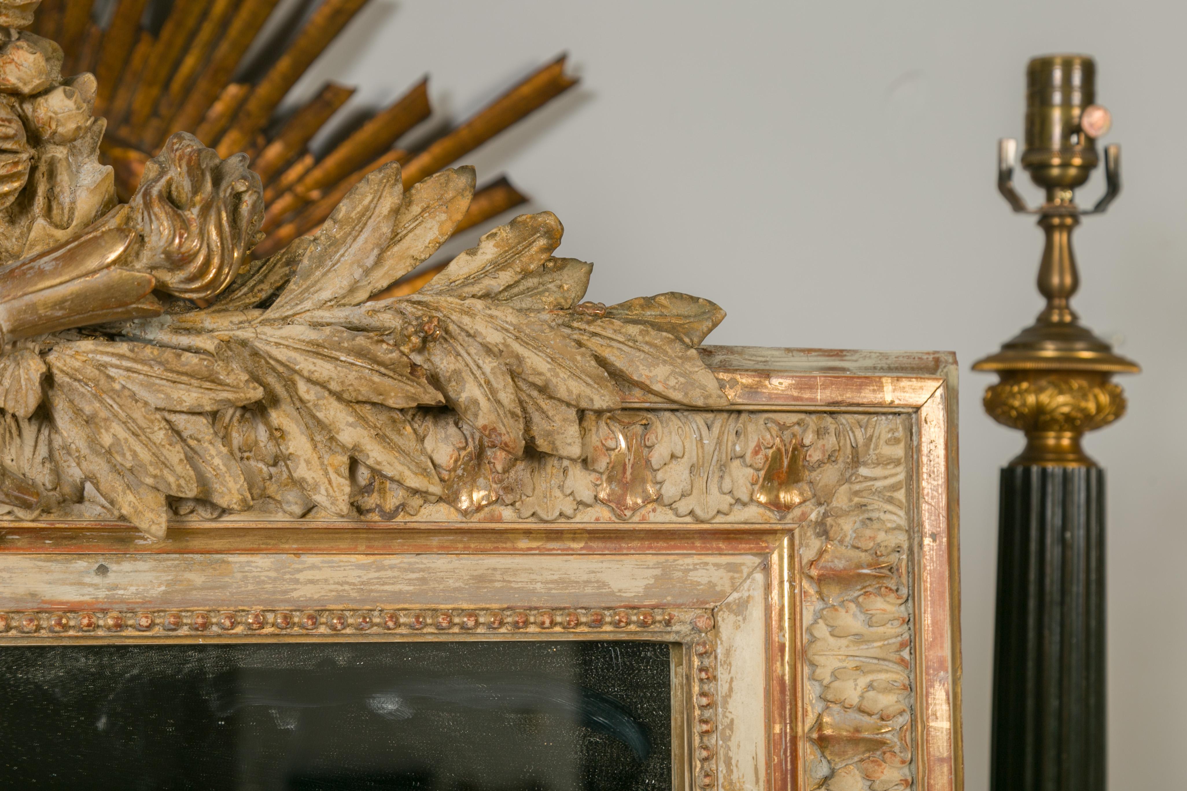 French 1880s Gilt and Painted Mirror with Carved Floral Wreath, Torch and Quiver 3