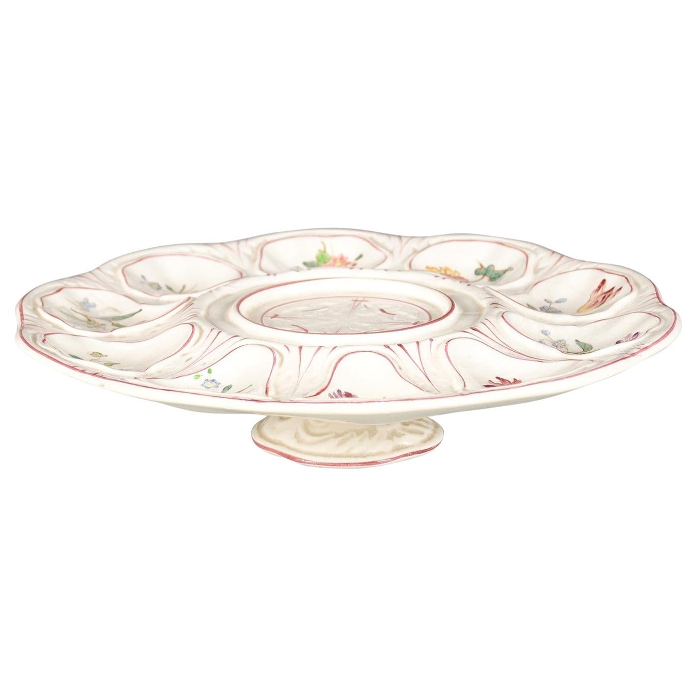 French 1880s Longchamp Majolica Oyster Platter with Floral Décor and Petite Base