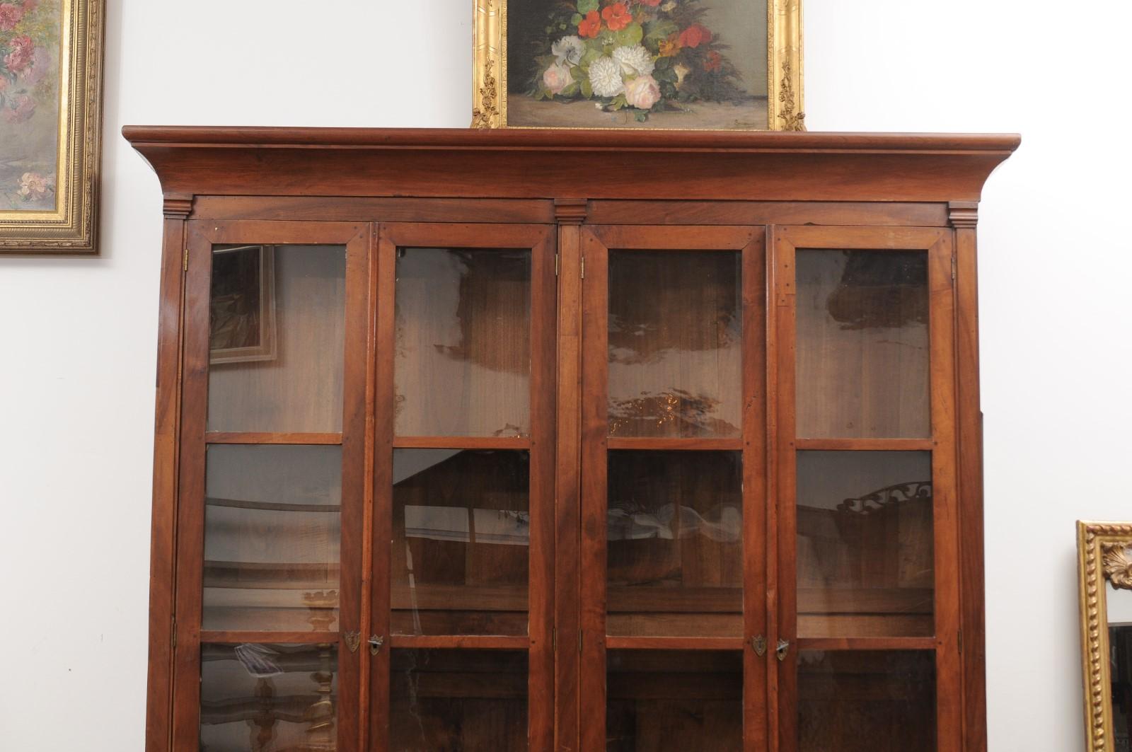 19th Century French 1880s Louis XVI Style Wood Bookcase with Glass Doors and Doric Pilasters