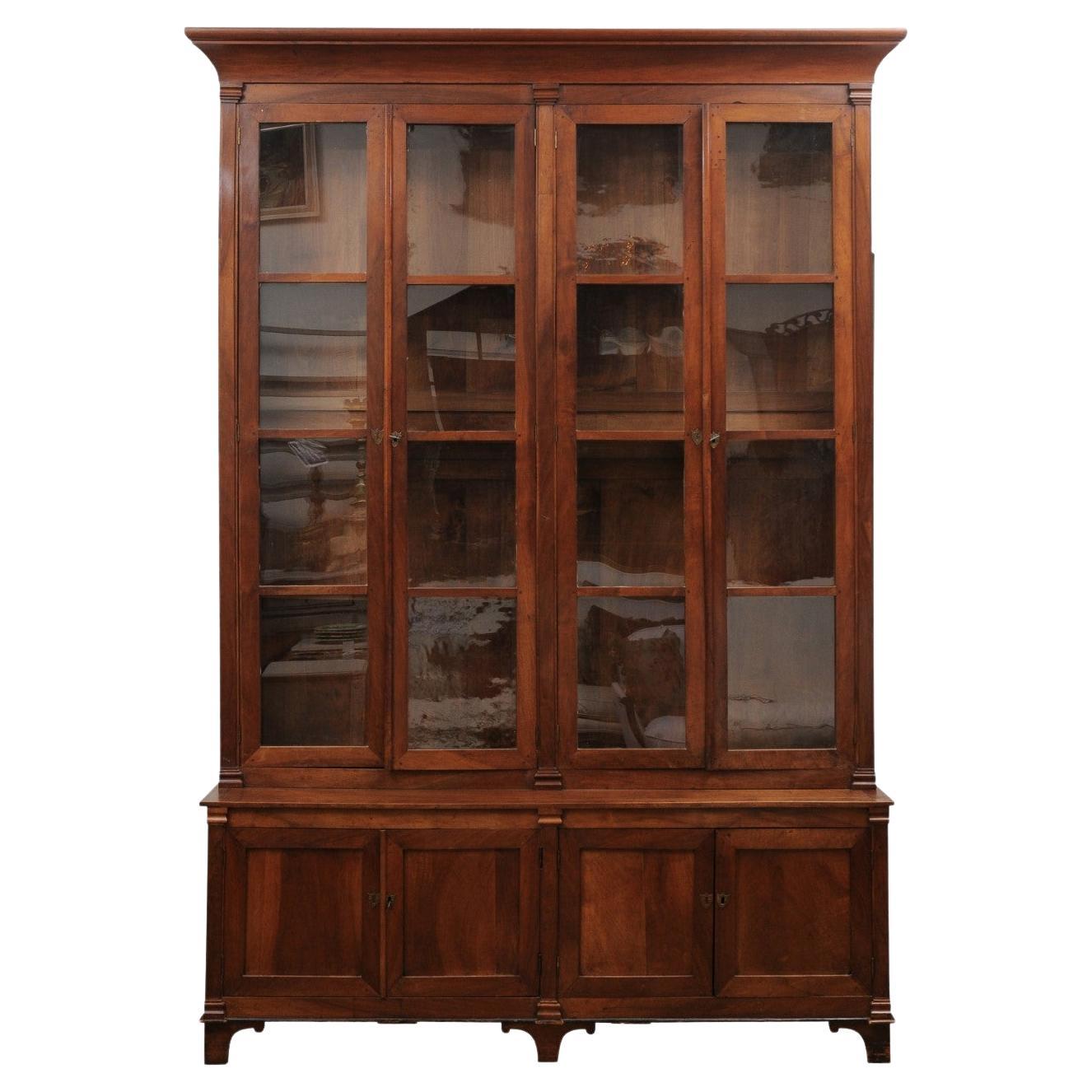 French 1880s Louis XVI Style Wood Bookcase with Glass Doors and Doric Pilasters