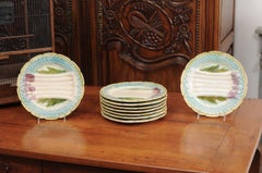 French 1880s Majolica Asparagus Plate with Turquoise Wicker Style Accents 8 avai