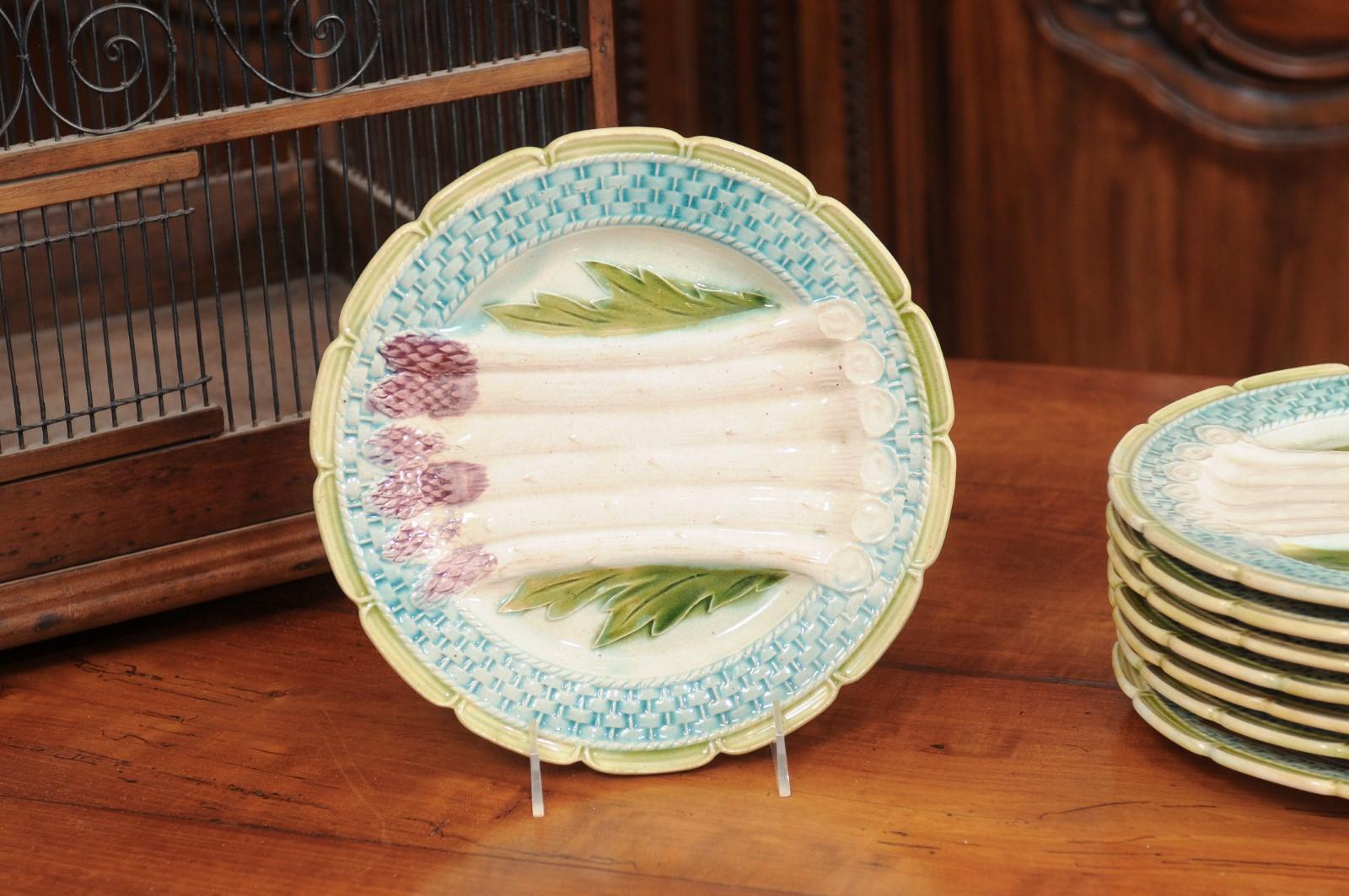 Français Assiette à asperges française des années 1880 avec accents de style osier turquoise en vente