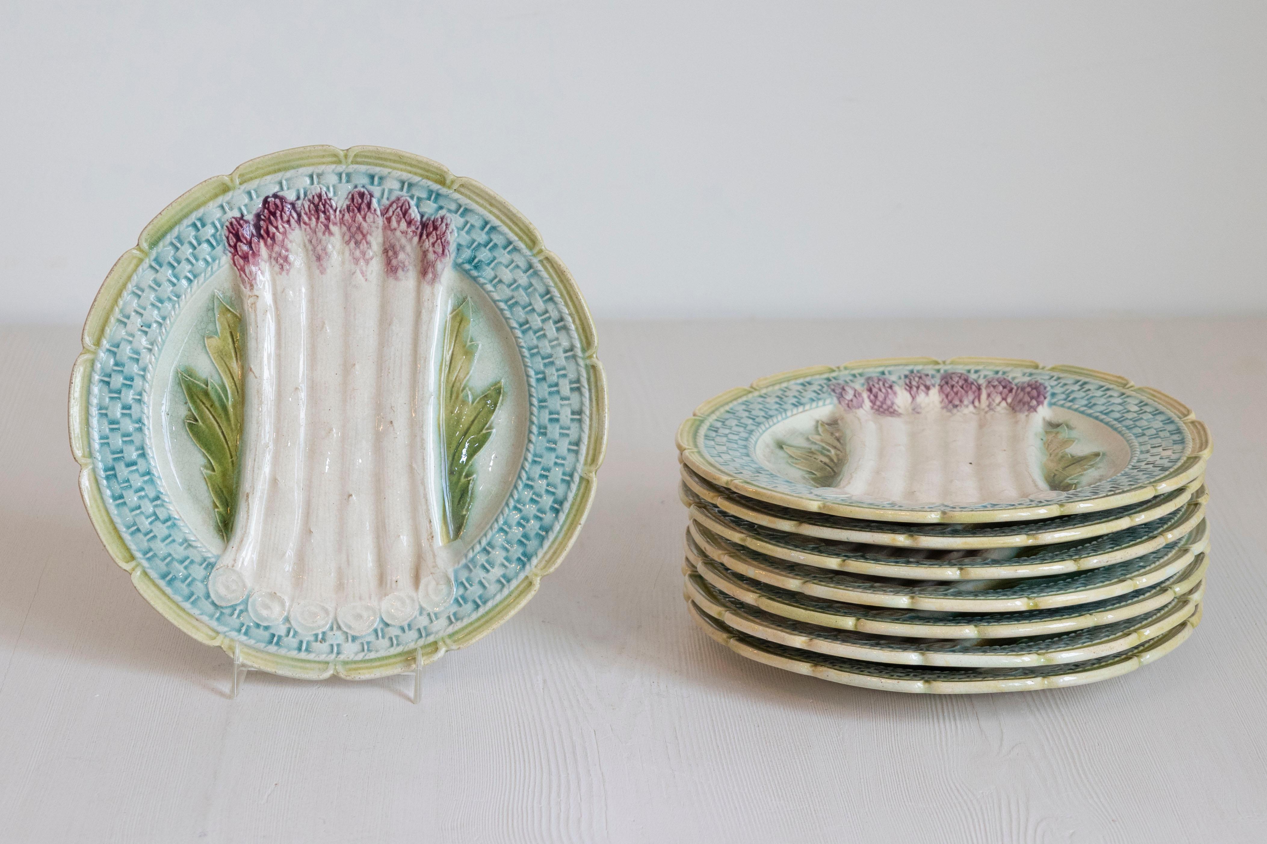 19th Century French 1880s Majolica Asparagus Plate with Turquoise Wicker Style Accents