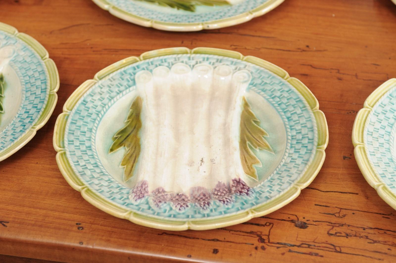 Assiette à asperges française des années 1880 avec accents de style osier turquoise en vente 2