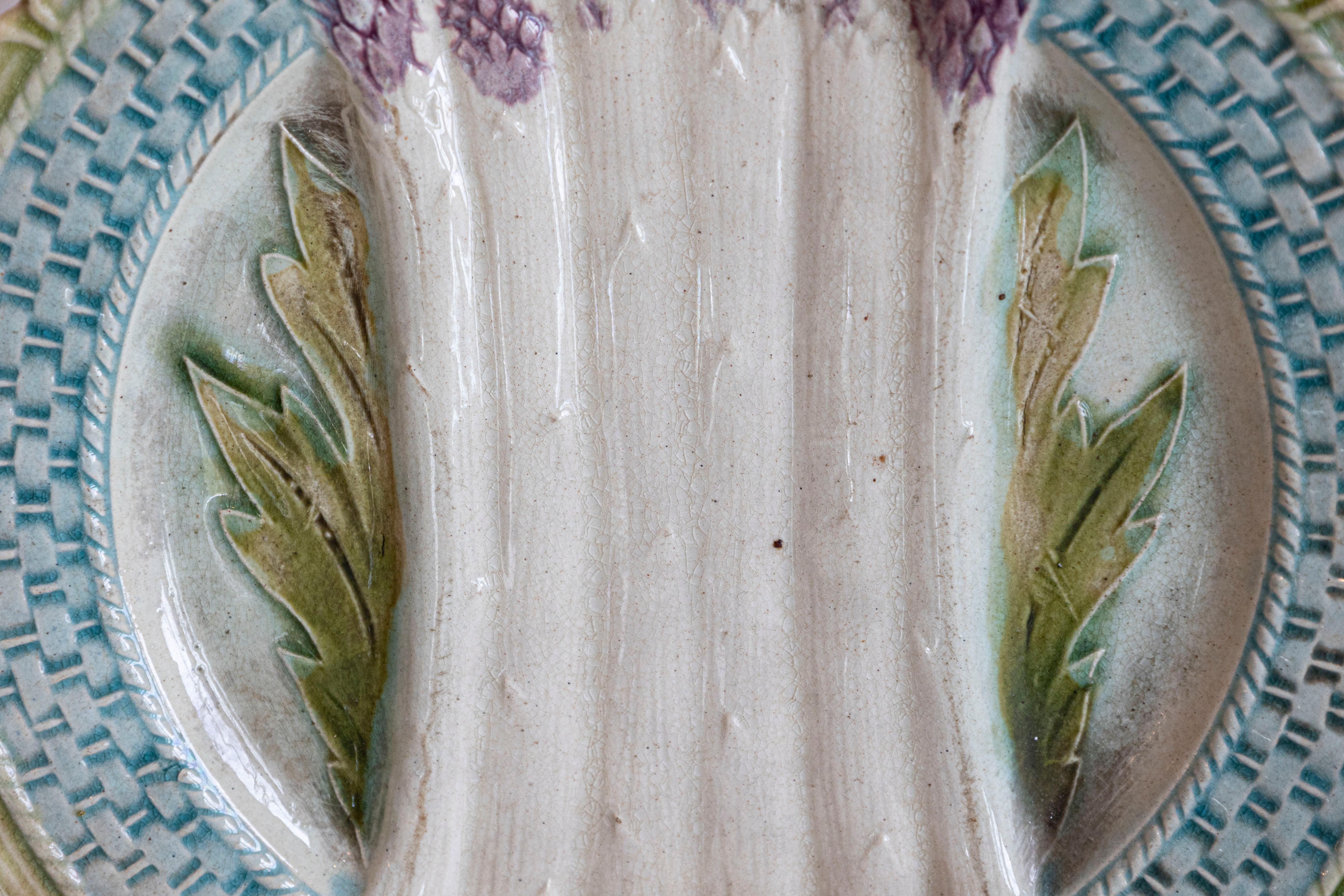 French 1880s Majolica Asparagus Plate with Turquoise Wicker Style Accents 4