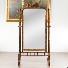 French 1880s Napoléon III Faux Bamboo Walnut Cheval Mirror with Turned Finials