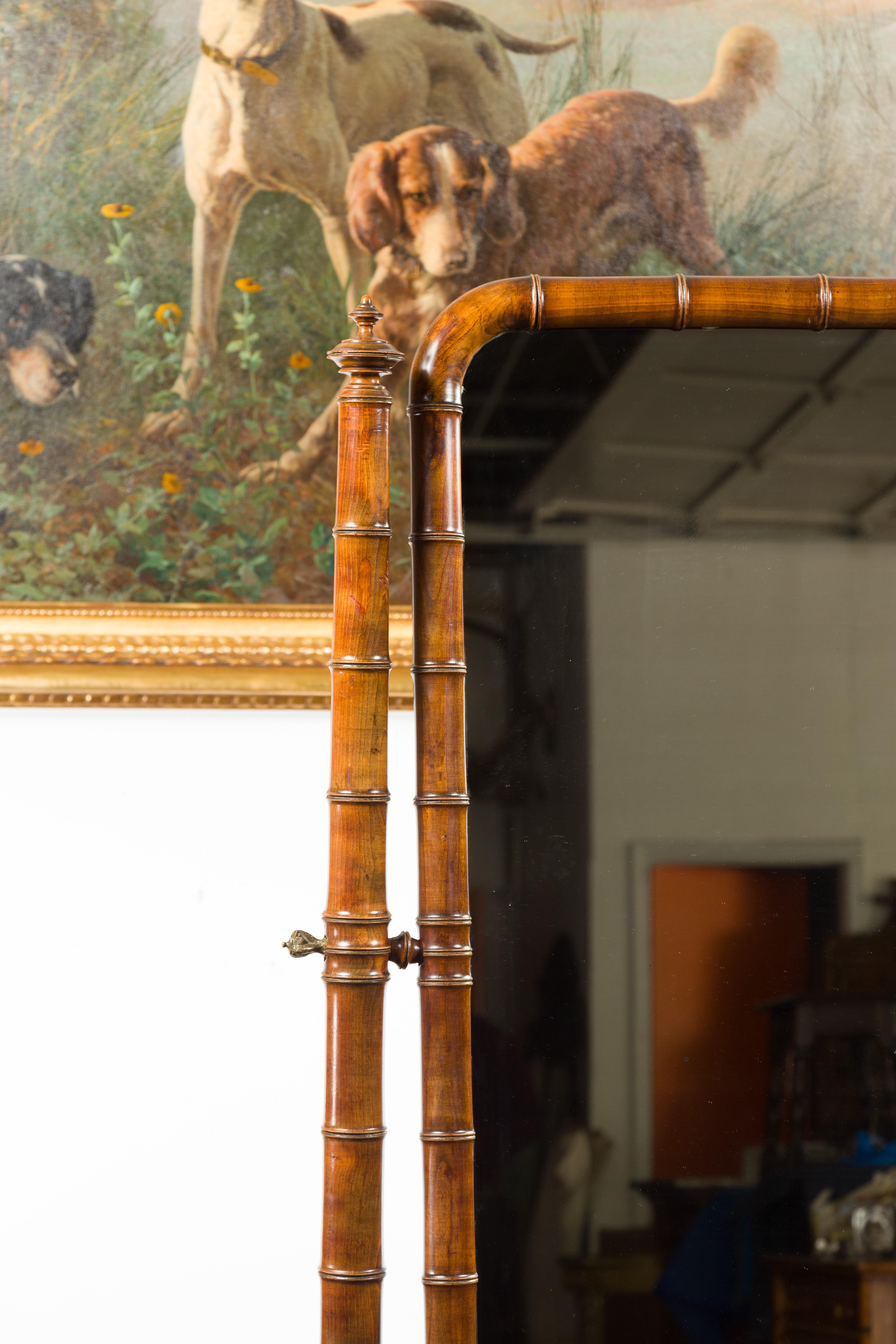 French 1880s Napoléon III Faux Bamboo Walnut Cheval Mirror with Turned Finials In Good Condition For Sale In Atlanta, GA