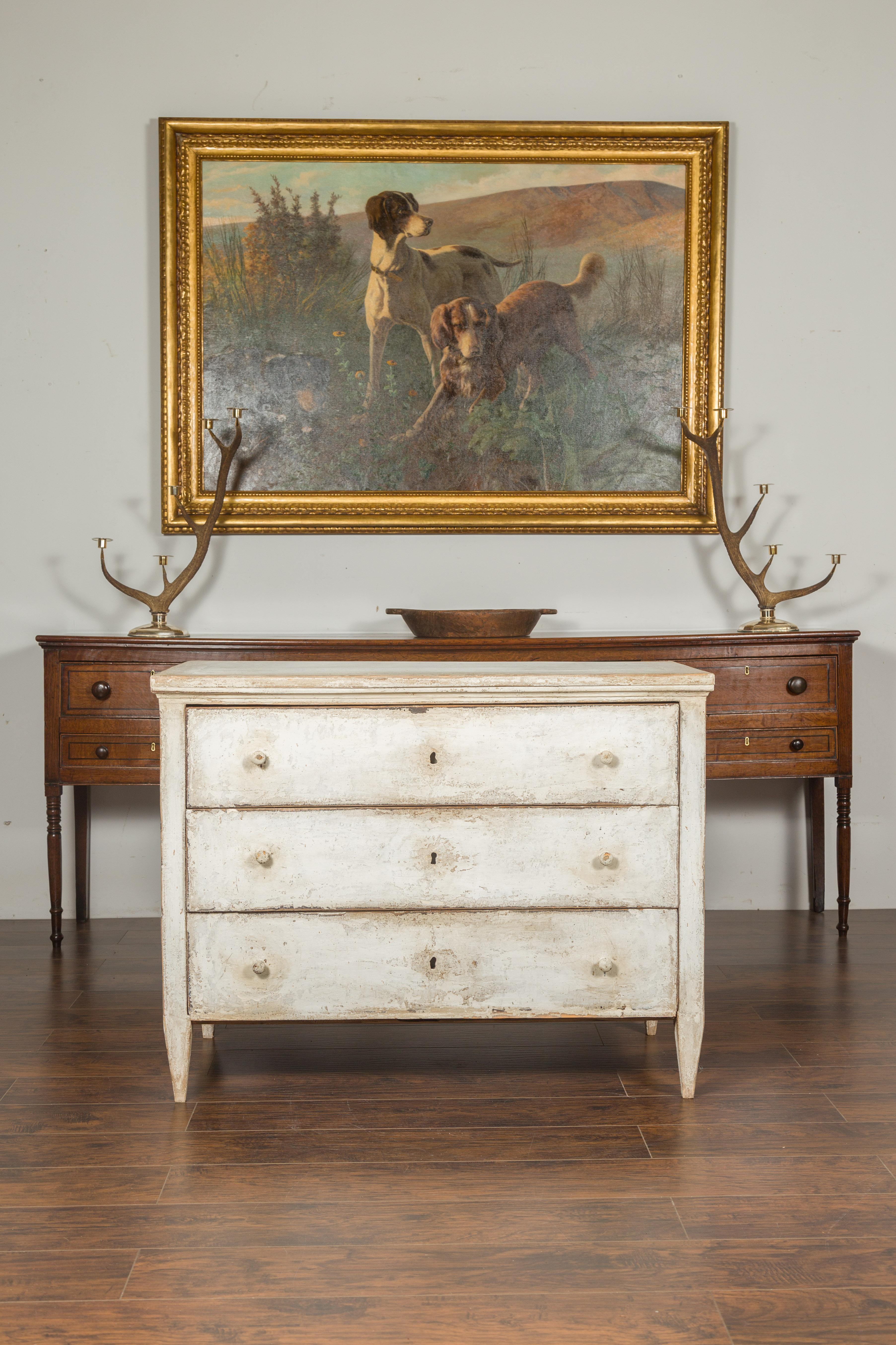 French 1880s Painted Three-Drawer Chest with Tapered Feet and Distressed Patina In Good Condition In Atlanta, GA