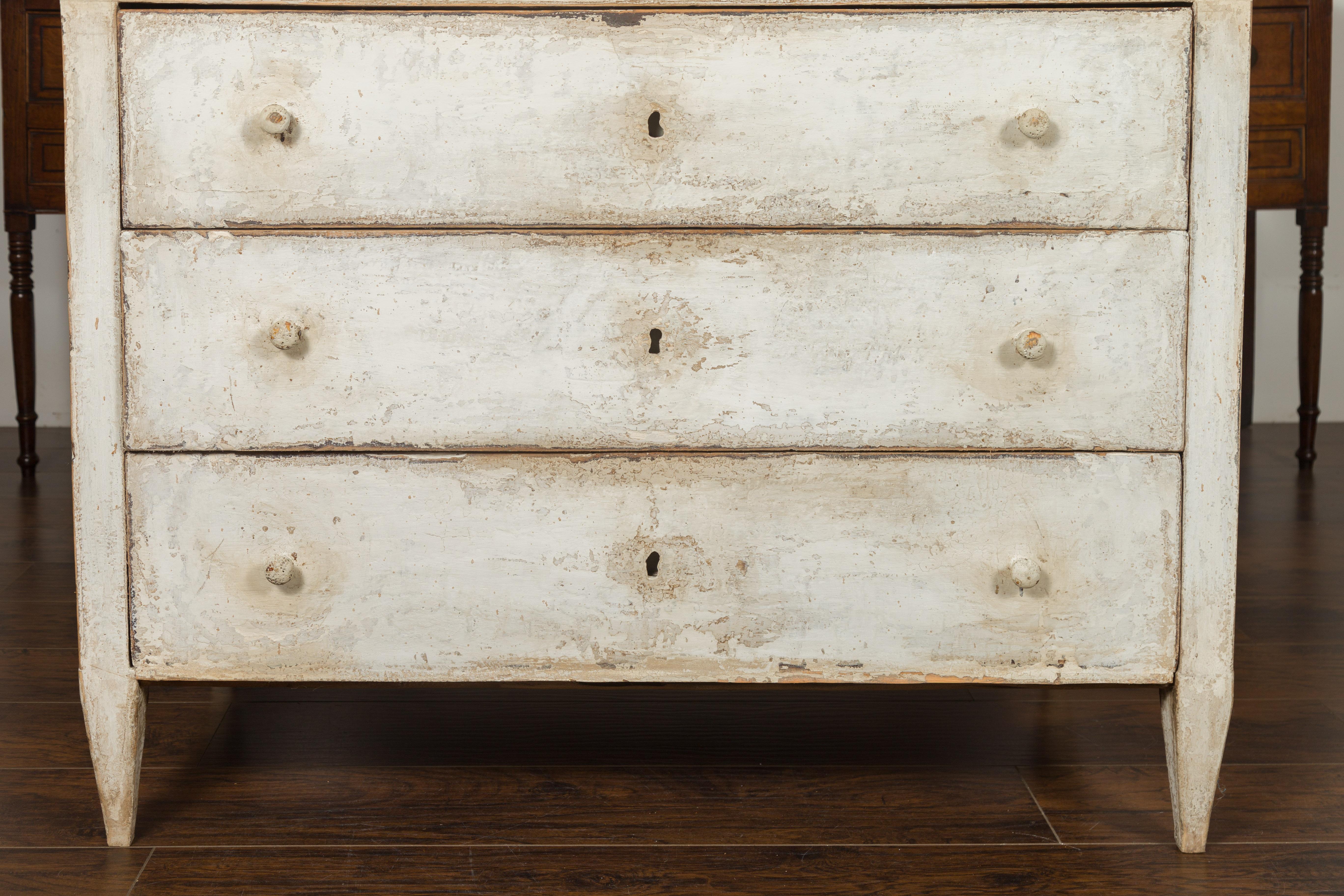Wood French 1880s Painted Three-Drawer Chest with Tapered Feet and Distressed Patina