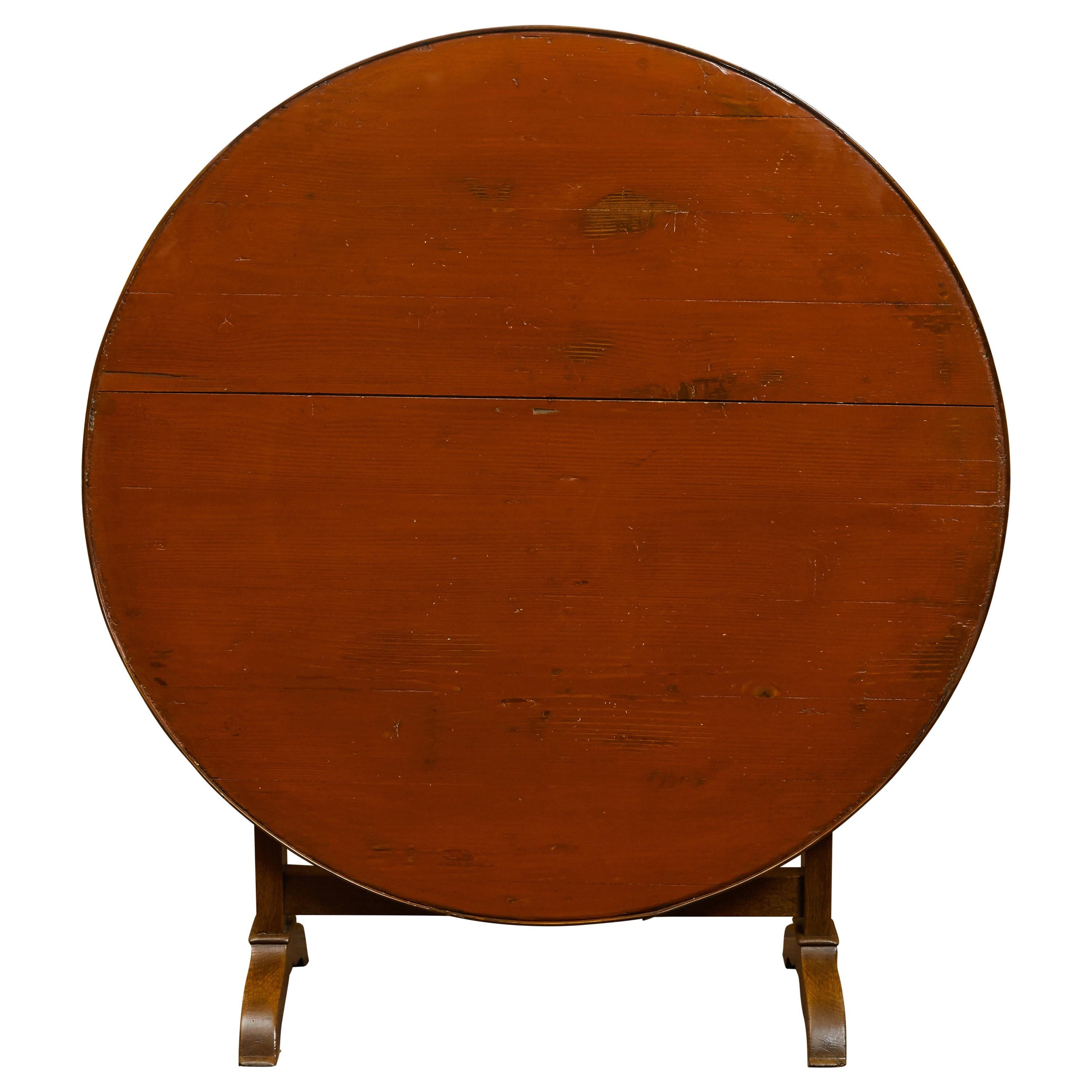 French 1880s Painted Wine Tasting Table with Round Tilt-Top and Trestle Base For Sale