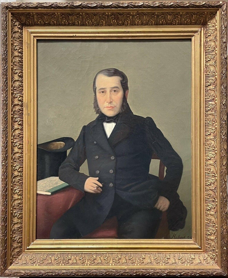 French 1880's Interior Painting - Fine 1880's French Portrait of Dapper Gentleman with Cigar & Top Hat, Signed Oil