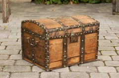 French 1880s Pine Trunk with Metal Braces, Brass Studs and Weathered Patina