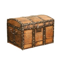 French 1880s Pine Trunk with Metal Braces, Brass Studs and Weathered Patina