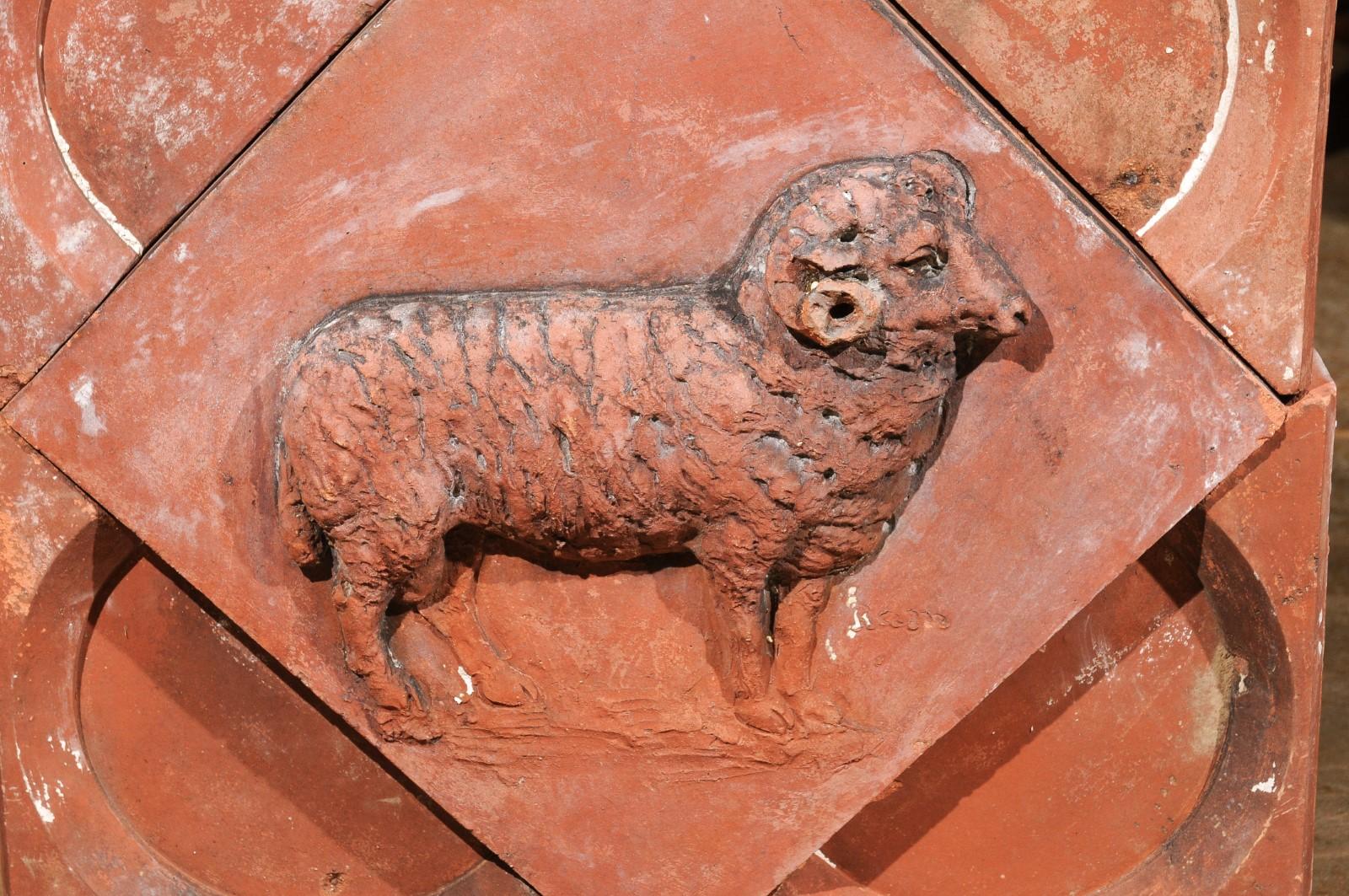 French 1880s Red Terracotta Panel Depicting a Ram on a Quadrilobe In Good Condition For Sale In Atlanta, GA