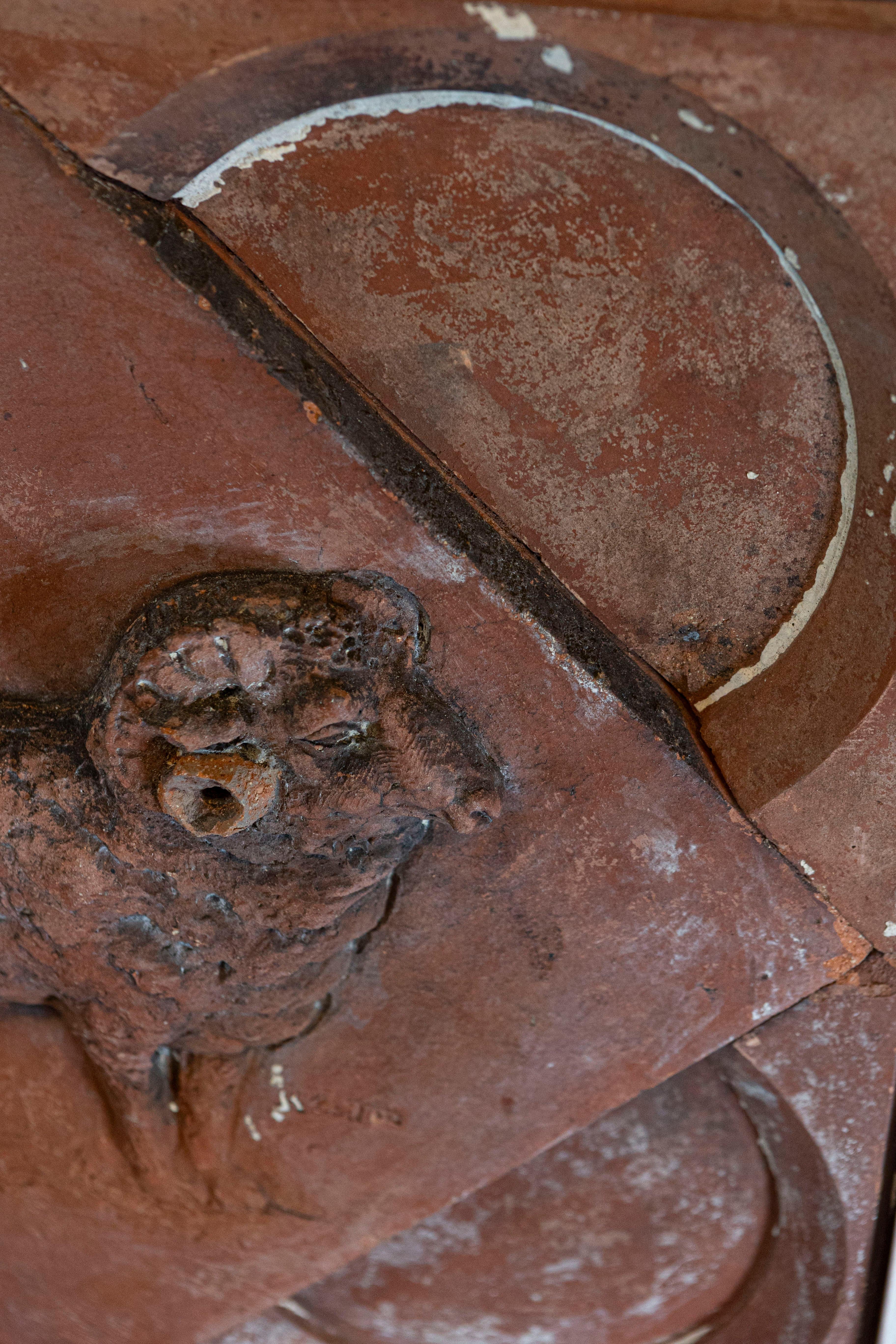 19th Century French 1880s Red Terracotta Panel Depicting a Ram on a Quadrilobe