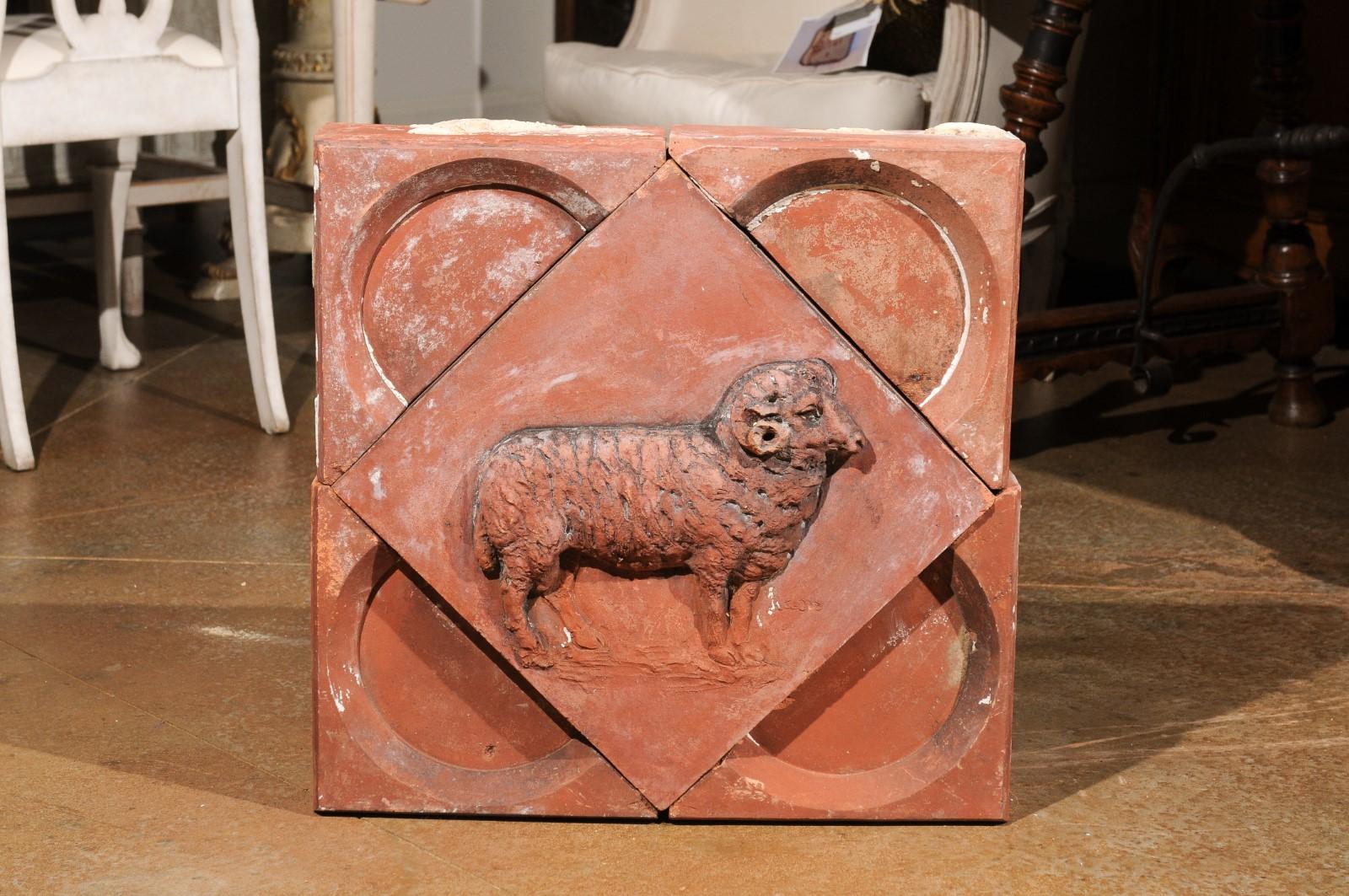 French 1880s Red Terracotta Panel Depicting a Ram on a Quadrilobe For Sale 4