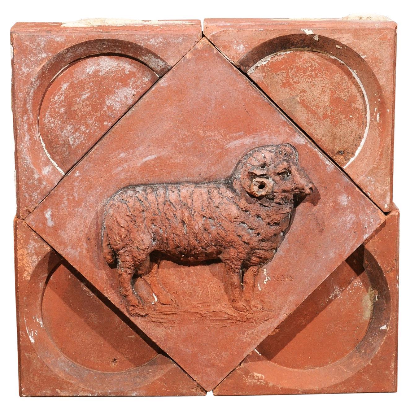 French 1880s Red Terracotta Panel Depicting a Ram on a Quadrilobe For Sale