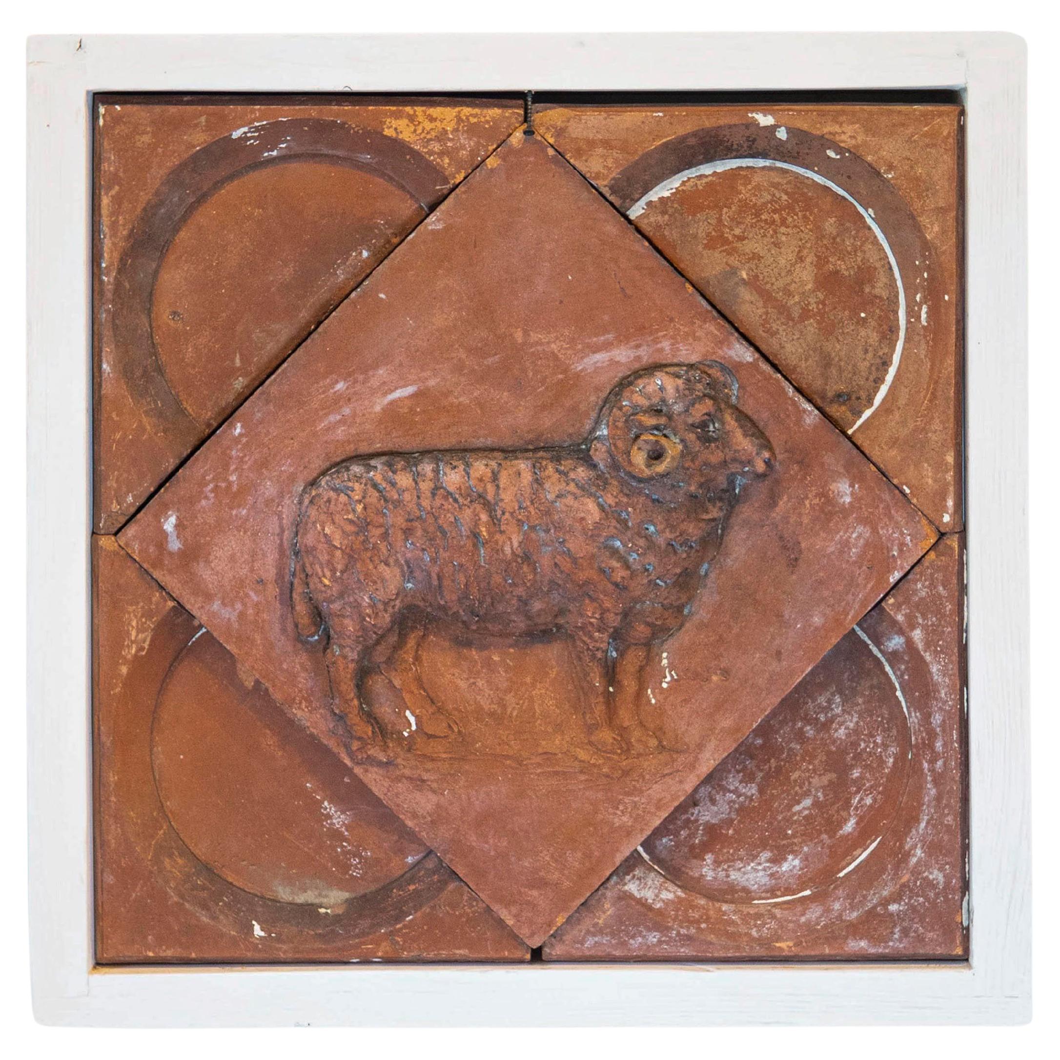French 1880s Red Terracotta Panel Depicting a Ram on a Quadrilobe