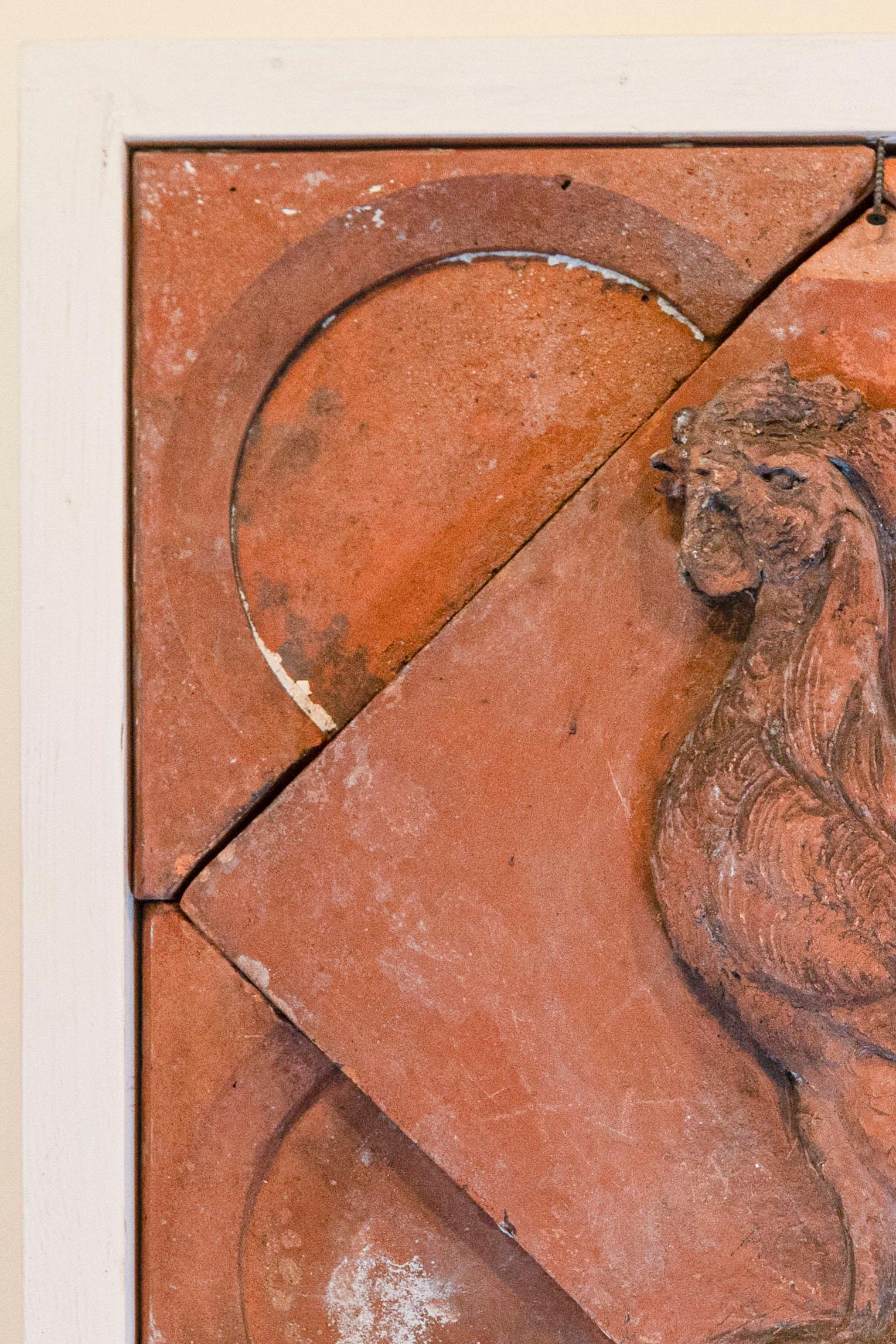 19th Century French 1880s Red Terracotta Panel Depicting a Rooster on a Quadrilobe