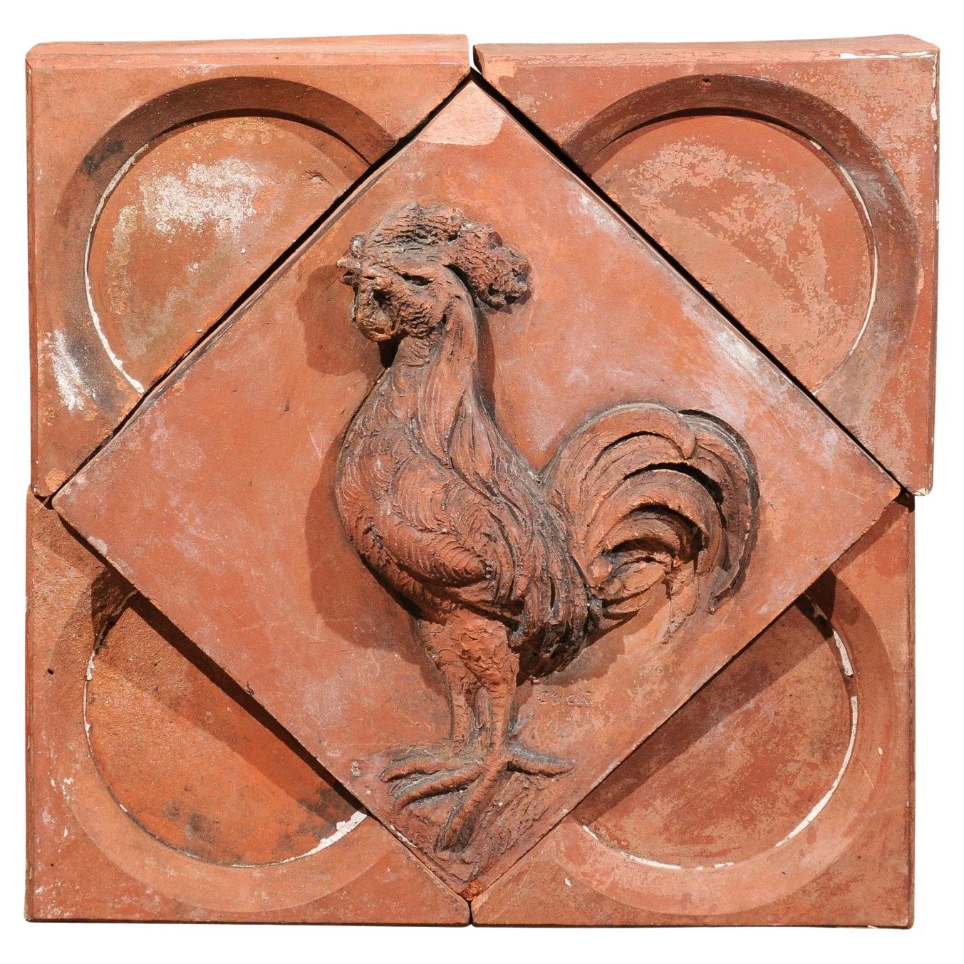 French 1880s Red Terracotta Panel Depicting a Rooster on a Quadrilobe