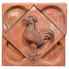 French 1880s Red Terracotta Panel Depicting a Rooster on a Quadrilobe