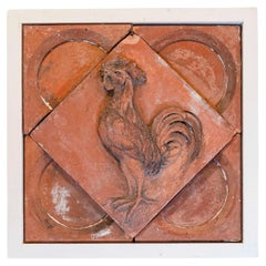 French 1880s Red Terracotta Panel Depicting a Rooster on a Quadrilobe