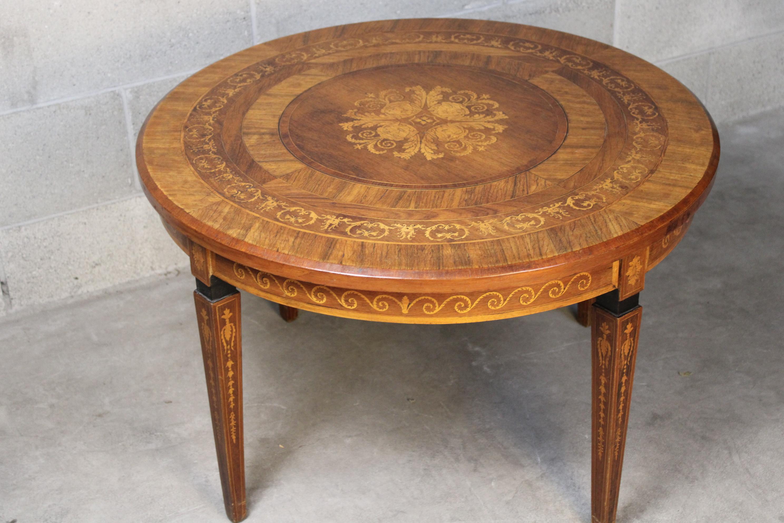 Inlay French Marquetry Round Center Table circa 1920