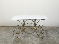 French 1880s Steel and Brass Baker's Table with Scrolling Base and Marble Top