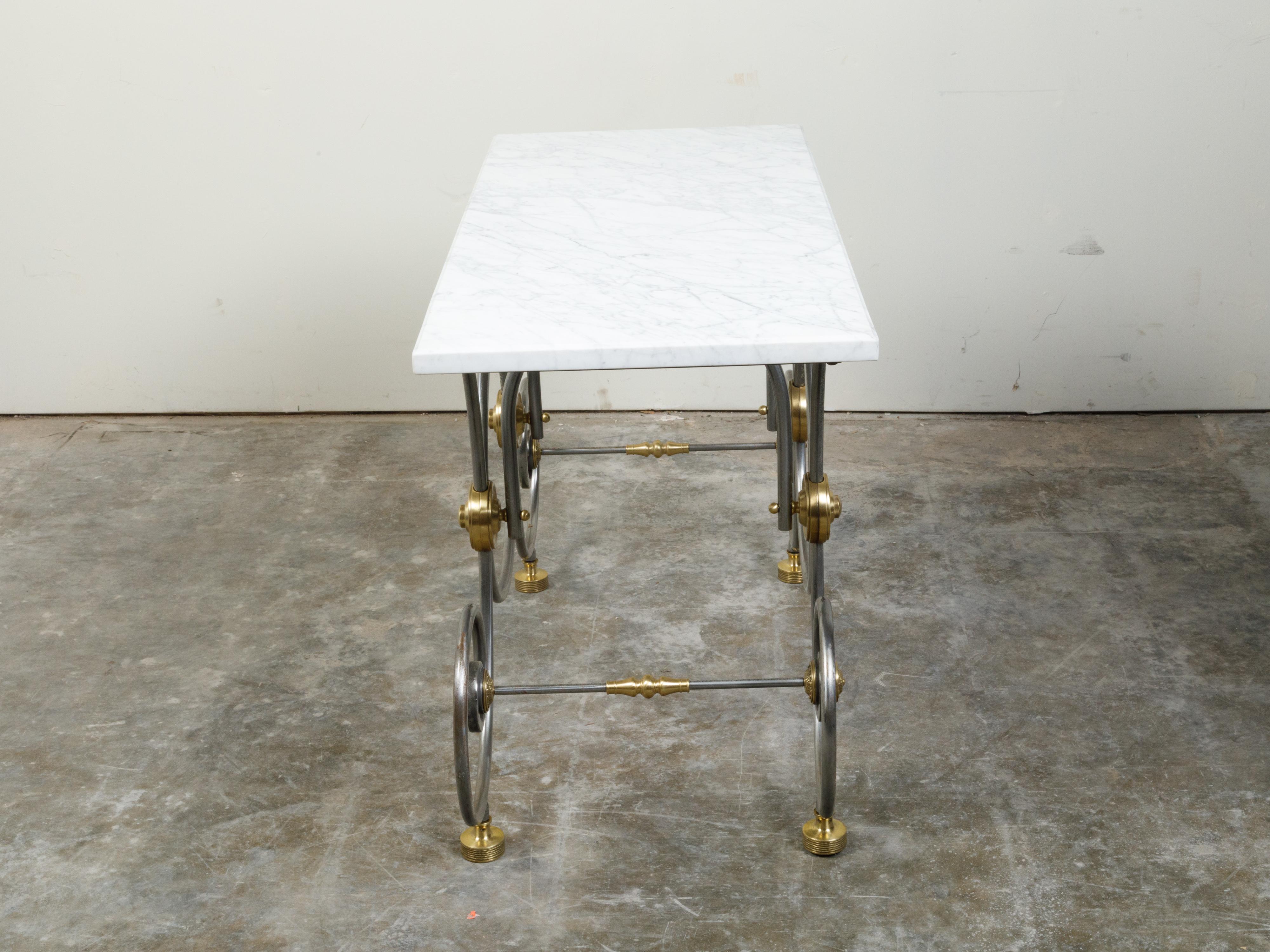 Industrial French 1880s Steel and Brass Baker's Table with Scrolling Base and Marble Top For Sale